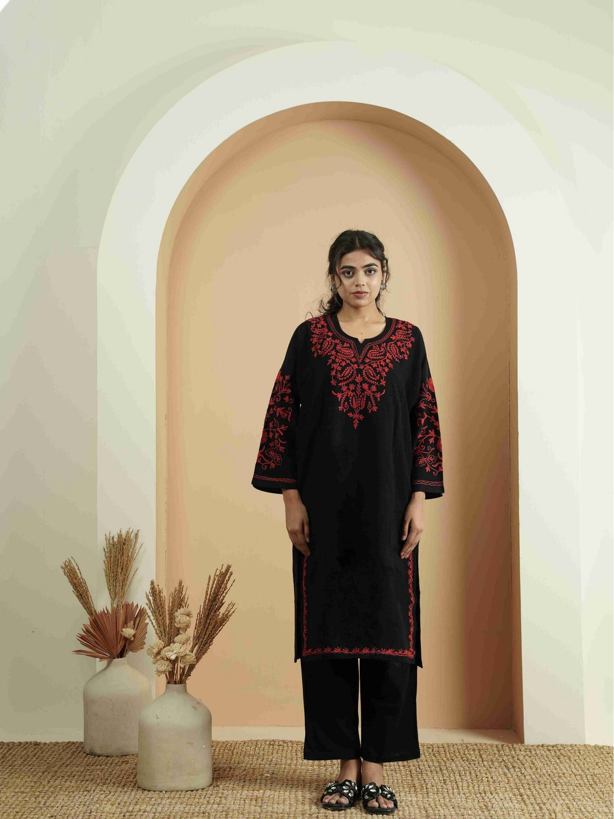 Floral Black Aari Embroidery Kashmiri Pheran Kurta | KDG - view 1