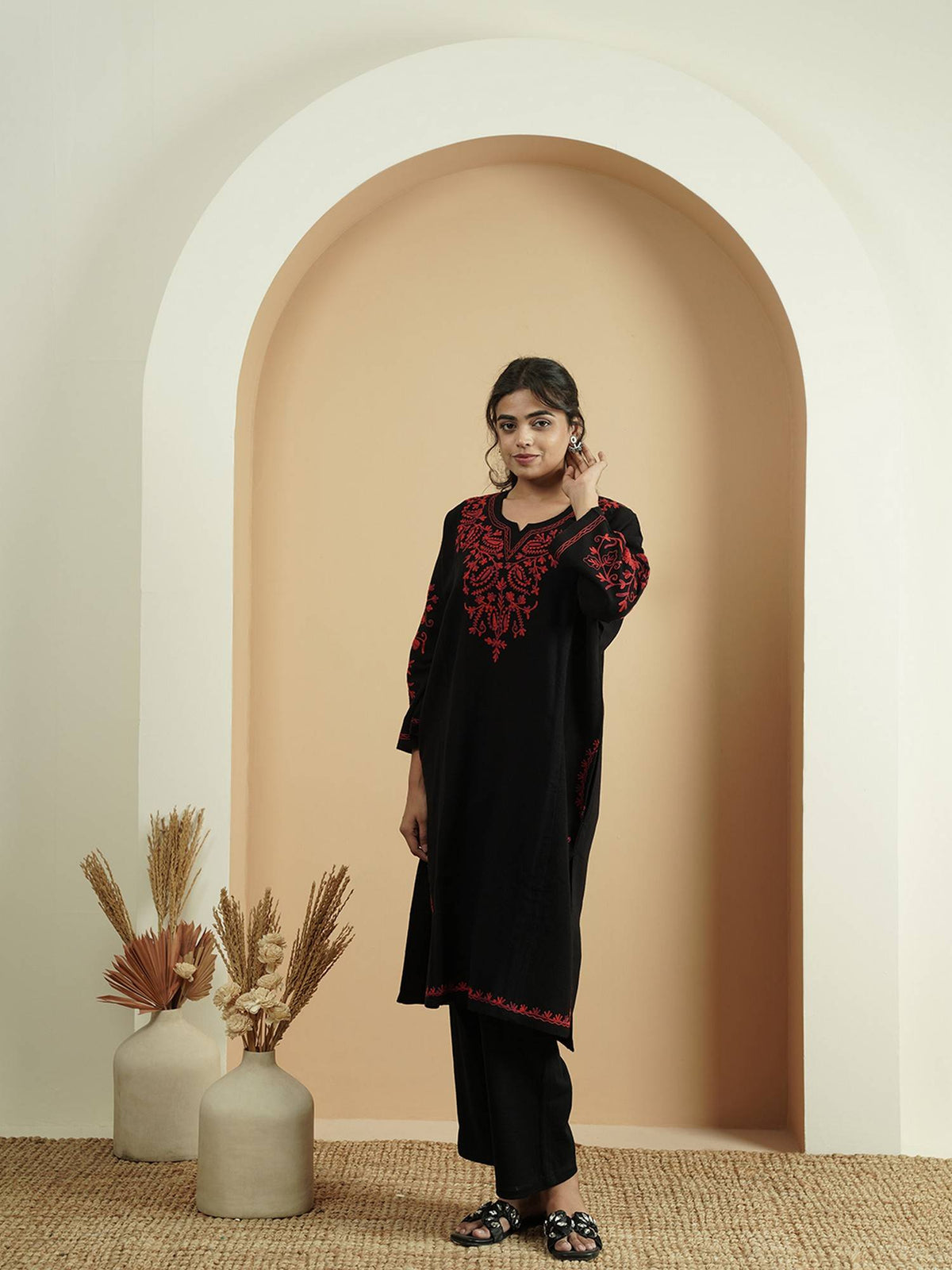 Floral Black Aari Embroidery Kashmiri Pheran Kurta | KDG - view 4