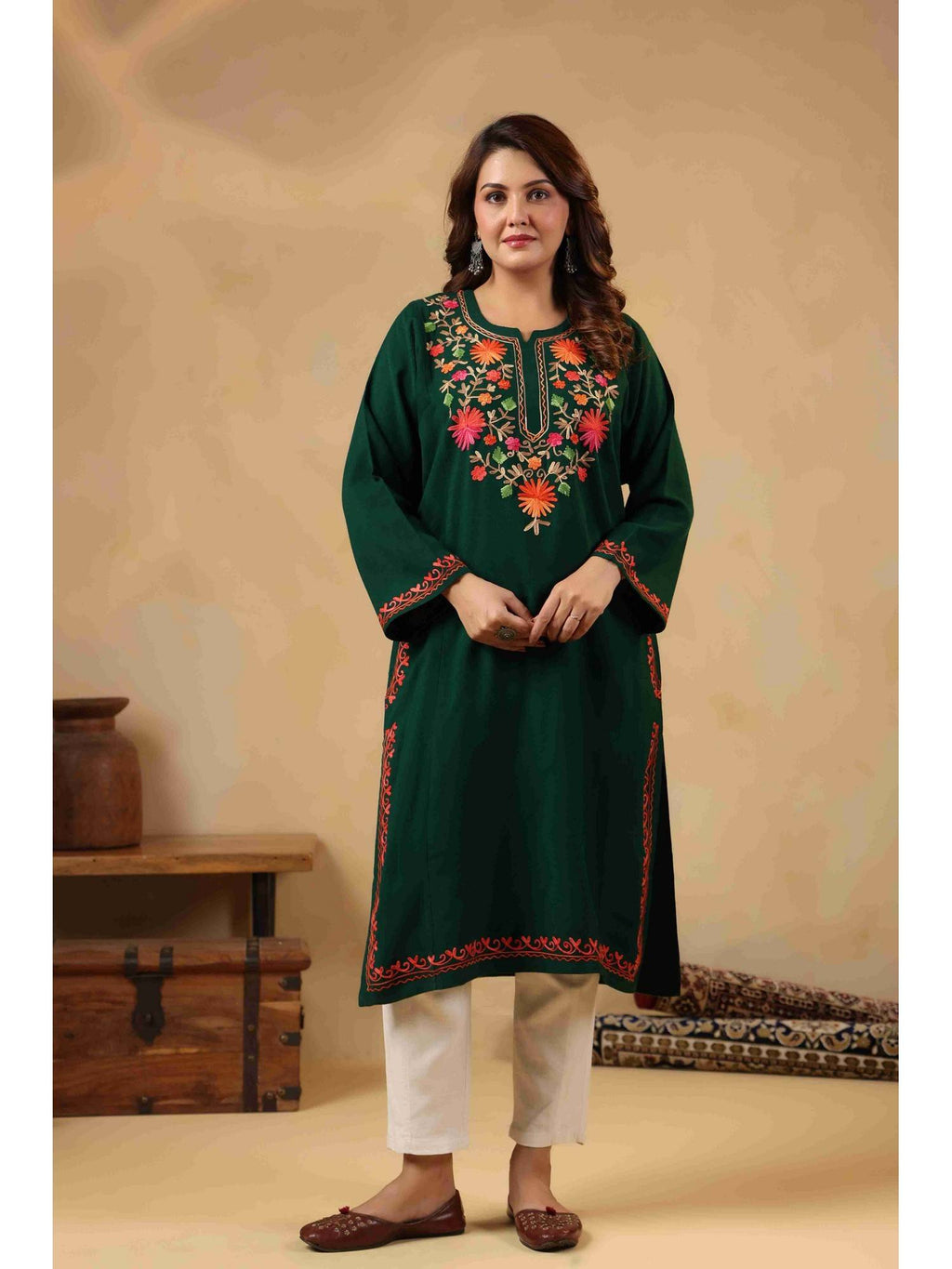 Green Floral Aari Embroidery Kashmiri Pheran Kurta | FY93 - view 1
