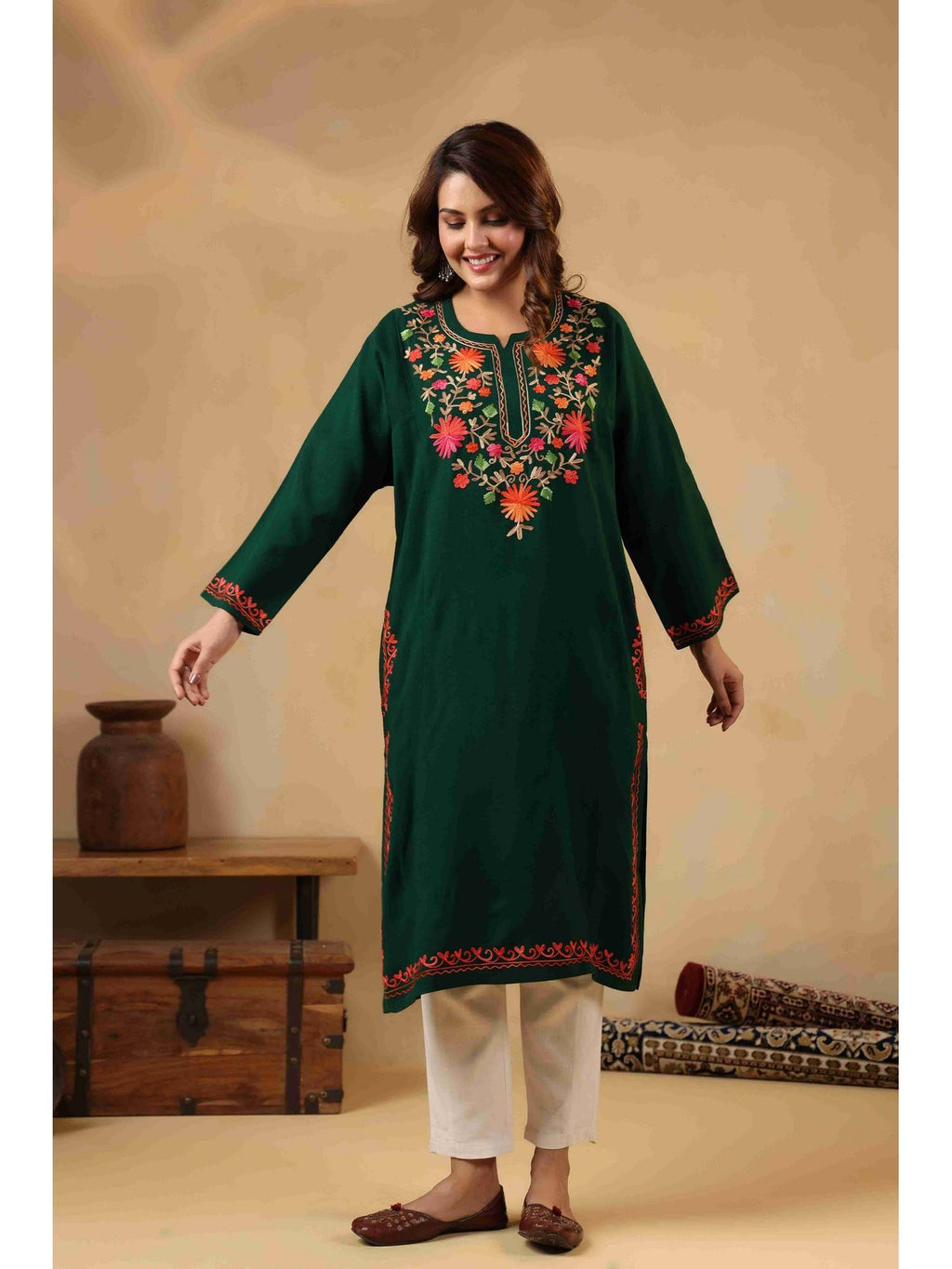 Green Floral Aari Embroidery Kashmiri Pheran Kurta | FY93 - view 4