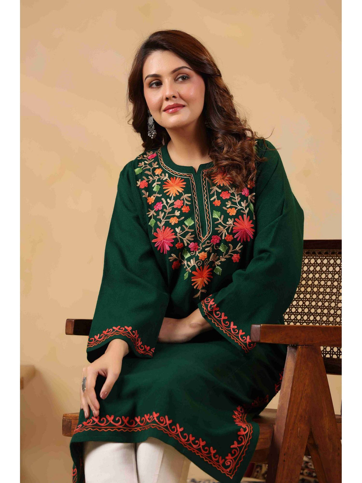 Green Floral Aari Embroidery Kashmiri Pheran Kurta | KDG - view 6