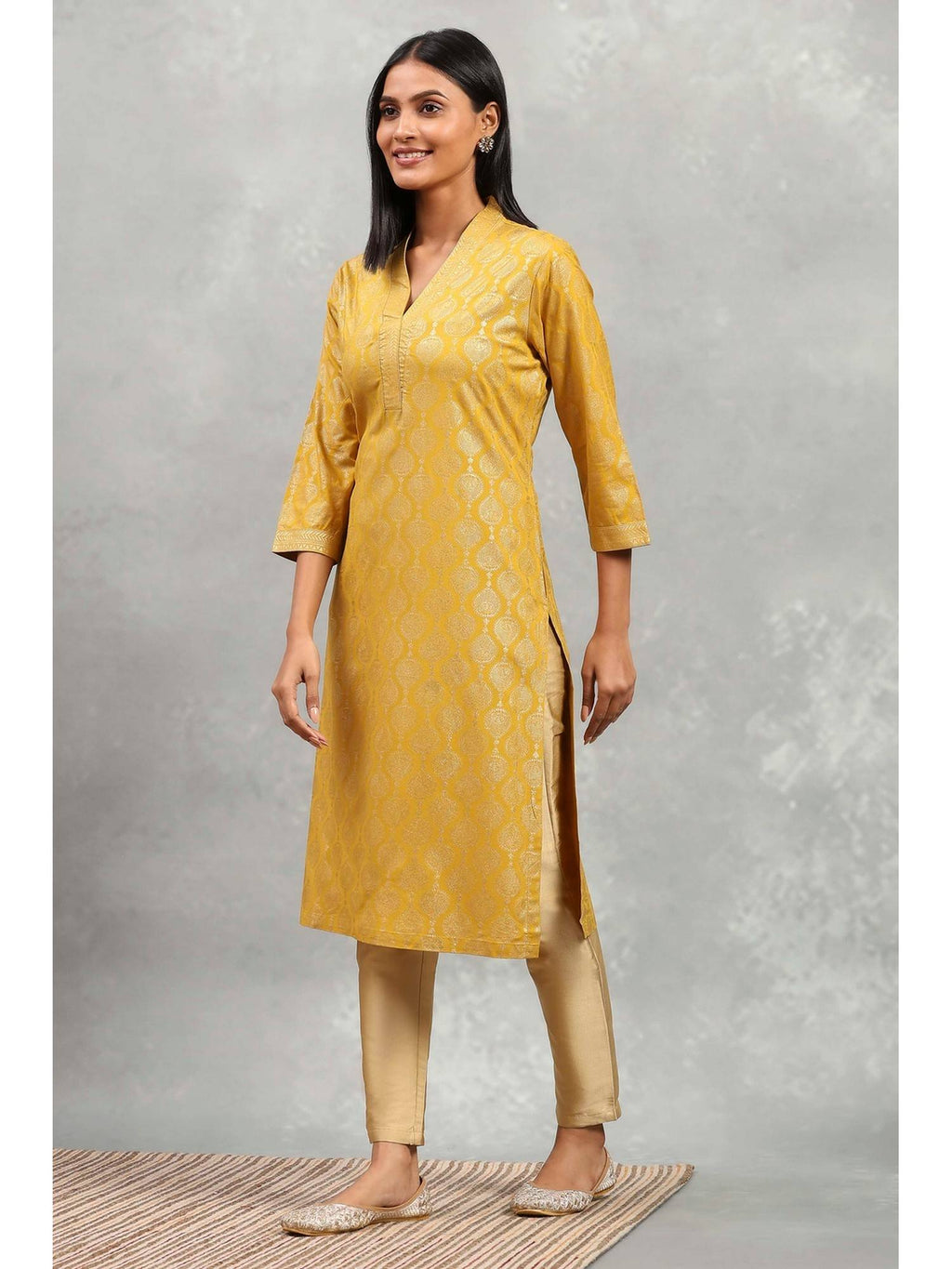 Women Yellow Printed Straight Viscose Blend Kurta | KDG - view 3