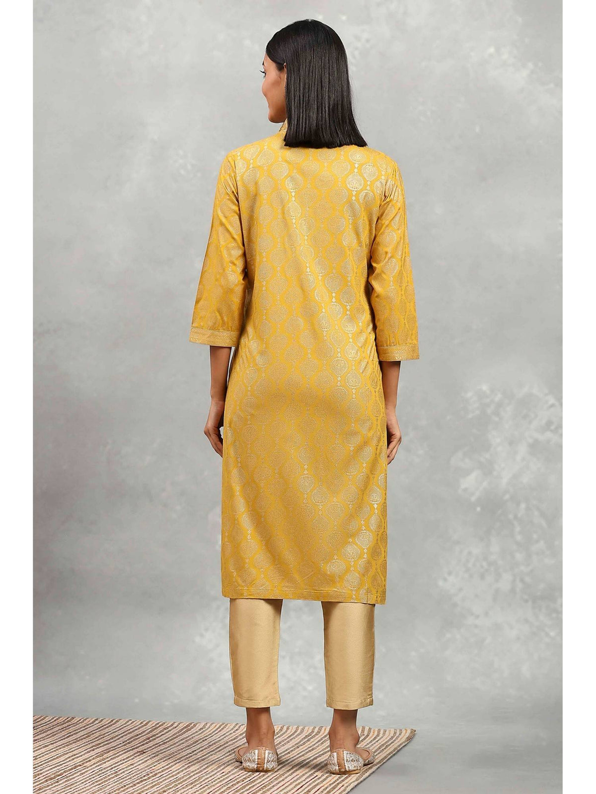 Women Yellow Printed Straight Viscose Blend Kurta | FY93 - view 4