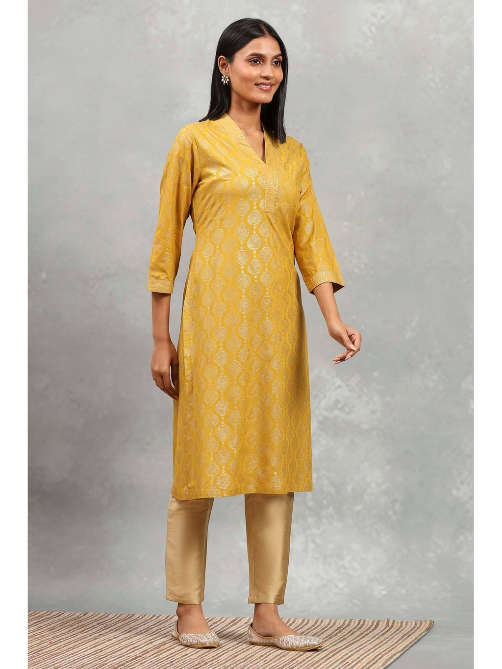 Women Yellow Printed Straight Viscose Blend Kurta | KDG - view 5