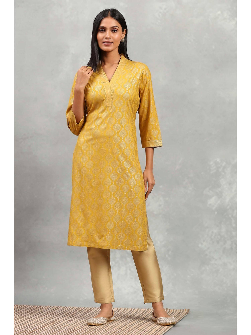 Women Yellow Printed Straight Viscose Blend Kurta | FY93 - view 6