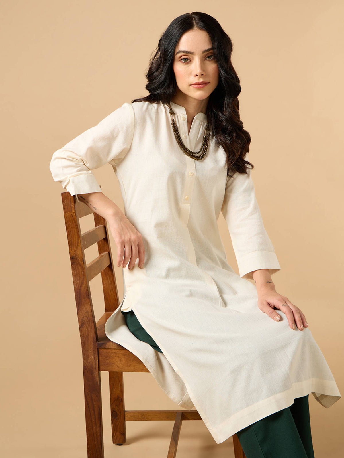 Classic Linen Off White Straight Long Kurta | KDG - view 2