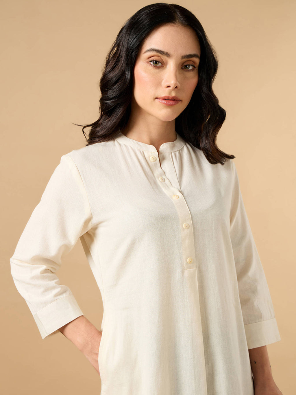 Classic Linen Off White Straight Long Kurta | KDG - view 3