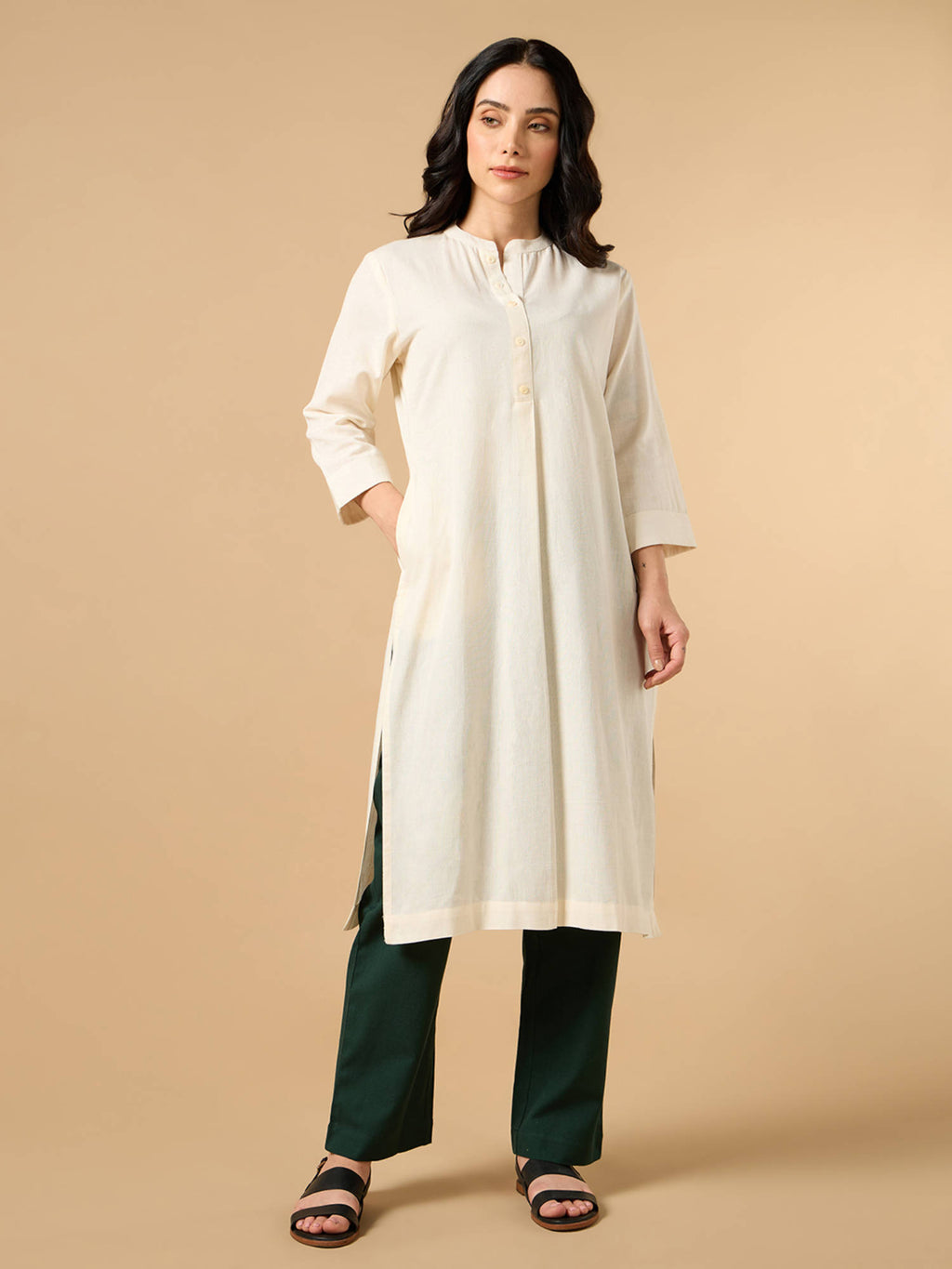 Classic Linen Off White Straight Long Kurta | KDG - view 4