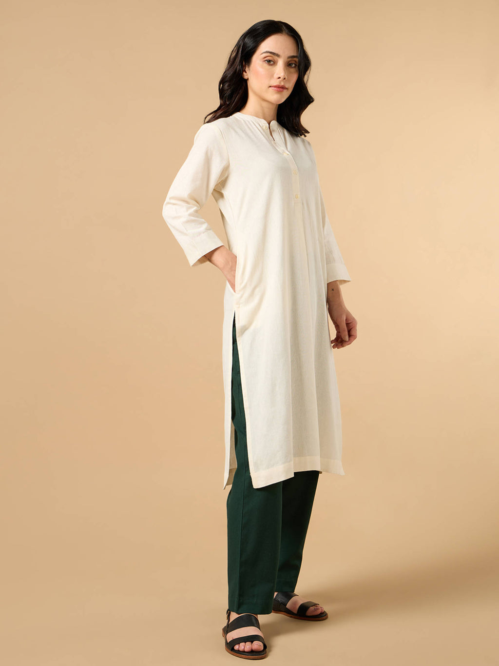 Classic Linen Off White Straight Long Kurta | KDG - view 5