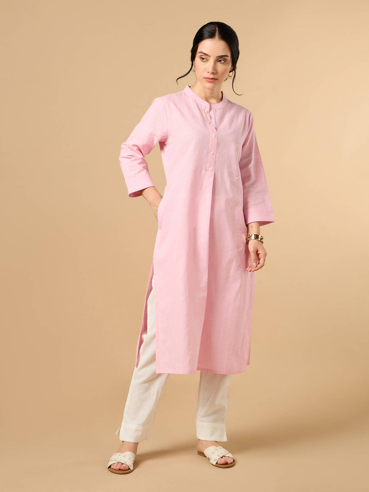 Classic Linen Off White Straight Long Kurta | KDG - view 7