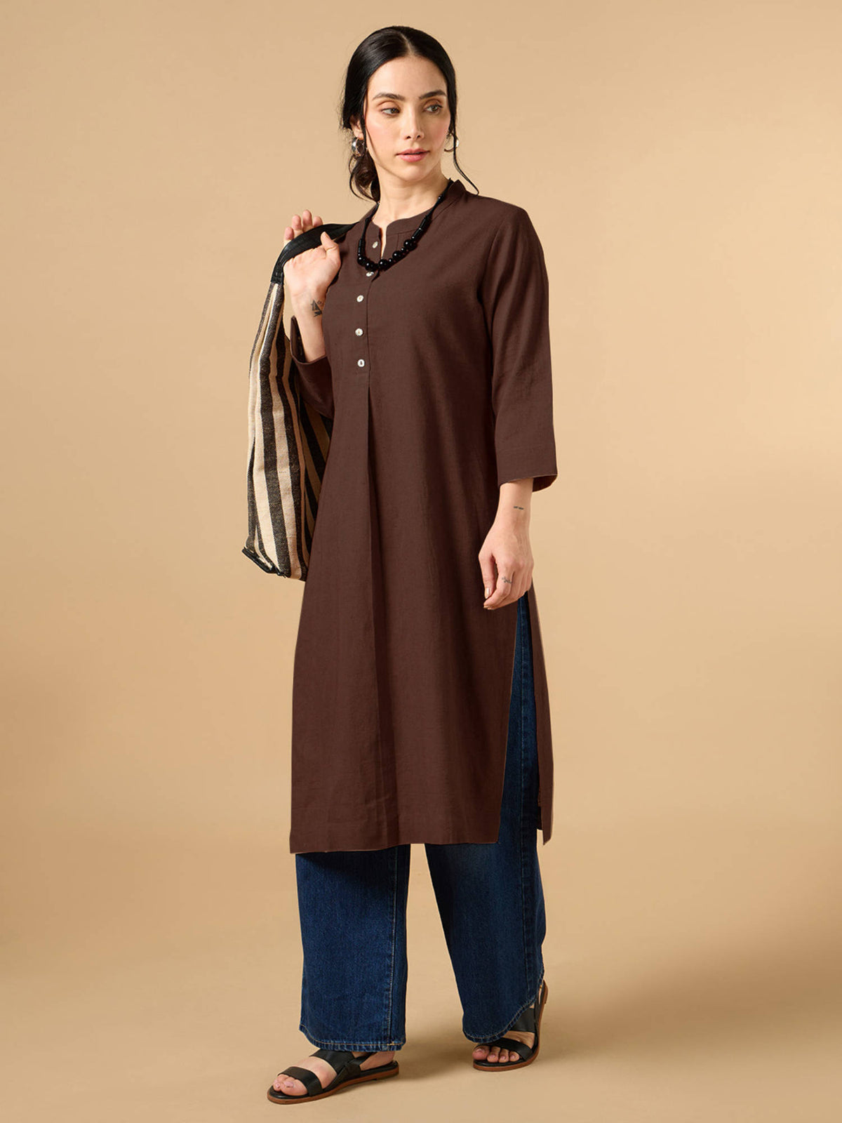 Classic Linen Off White Straight Long Kurta | KDG - view 36