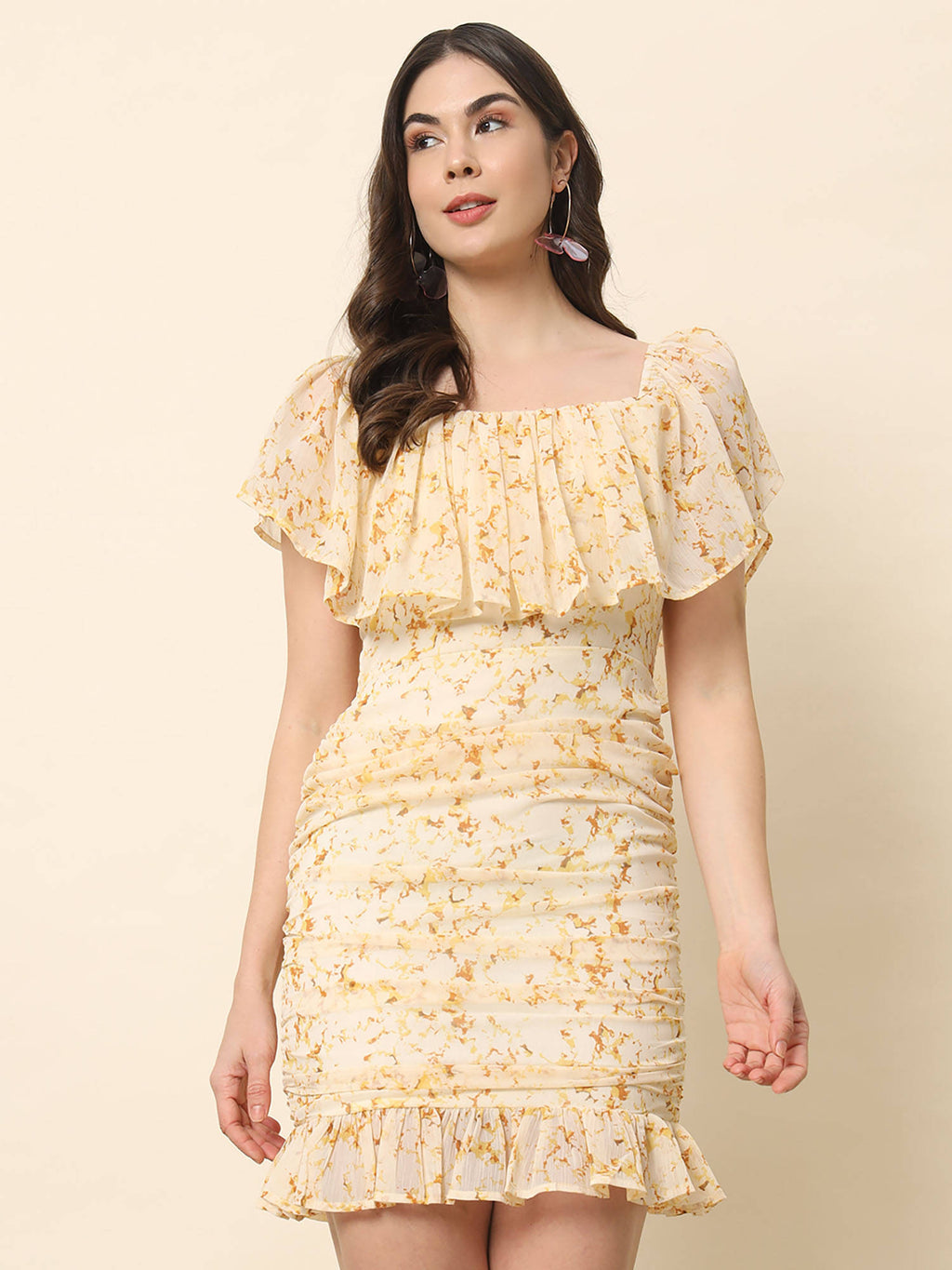 Cream Printed Off Shoulder Dress | D56 - view 3
