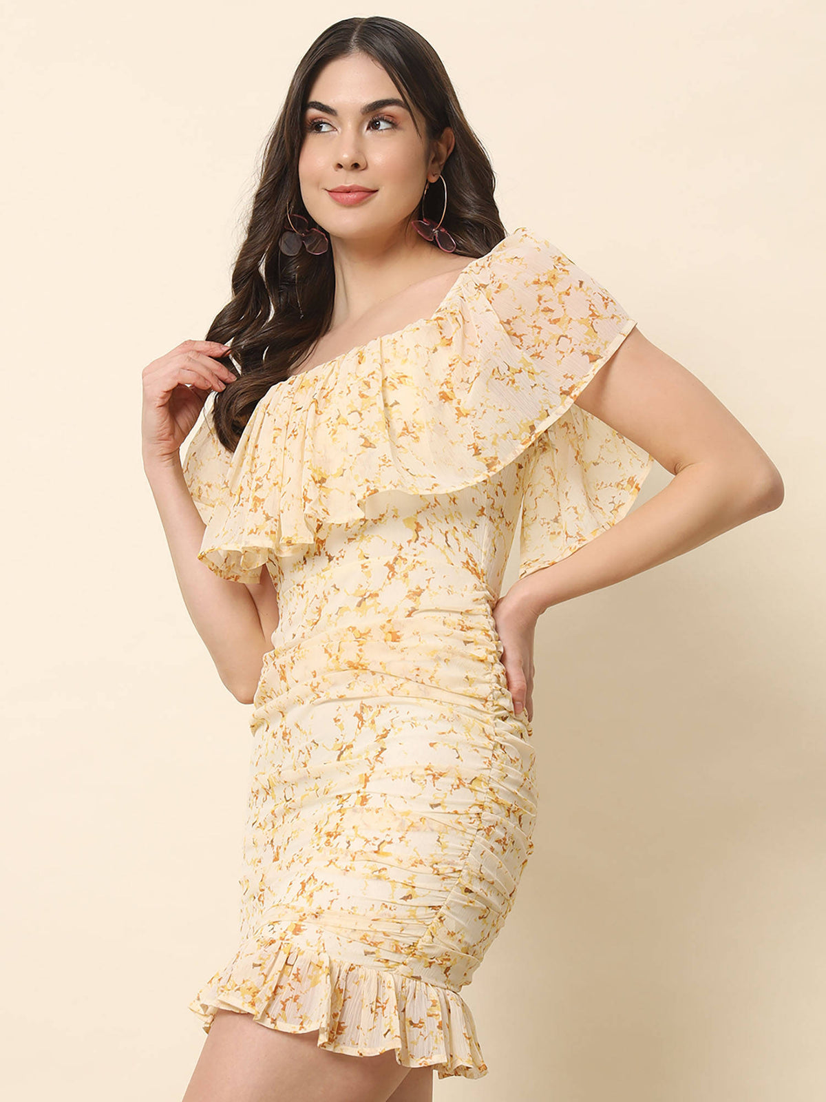 Cream Printed Off Shoulder Dress | D56 - view 4