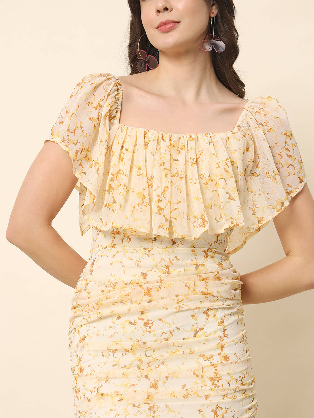 Cream Printed Off Shoulder Dress | D56 - view 6