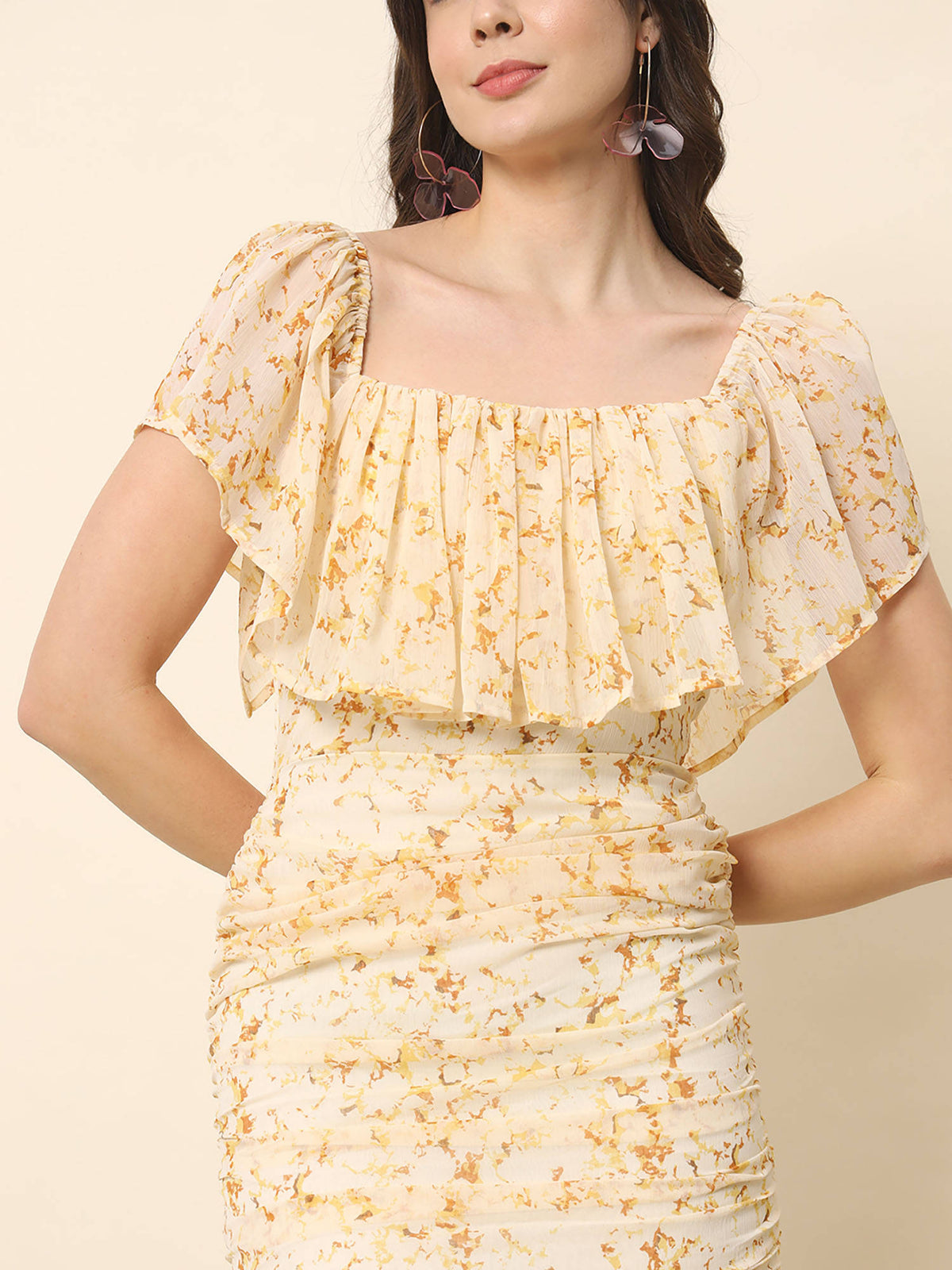 Cream Printed Off Shoulder Dress | D56 - view 6