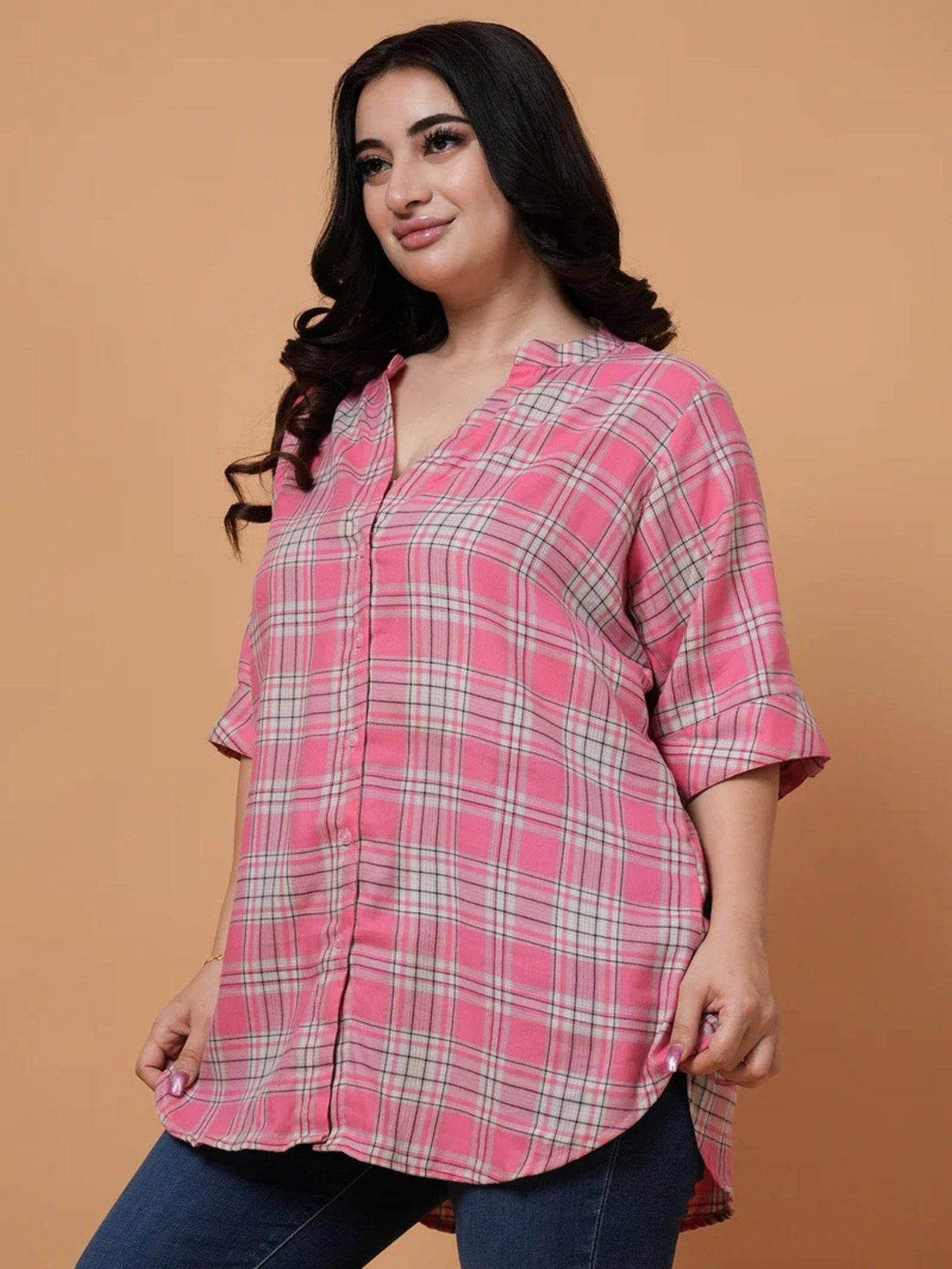 Plus Size Viva Pink Checked Casual Shirt | S67 - view 4