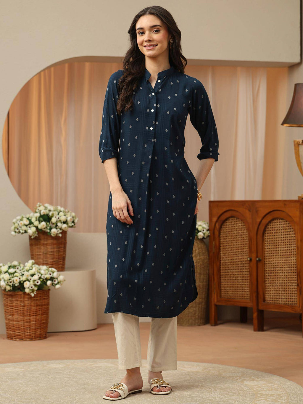 Blue Woven Design Straight Kurta | KDG - view 1