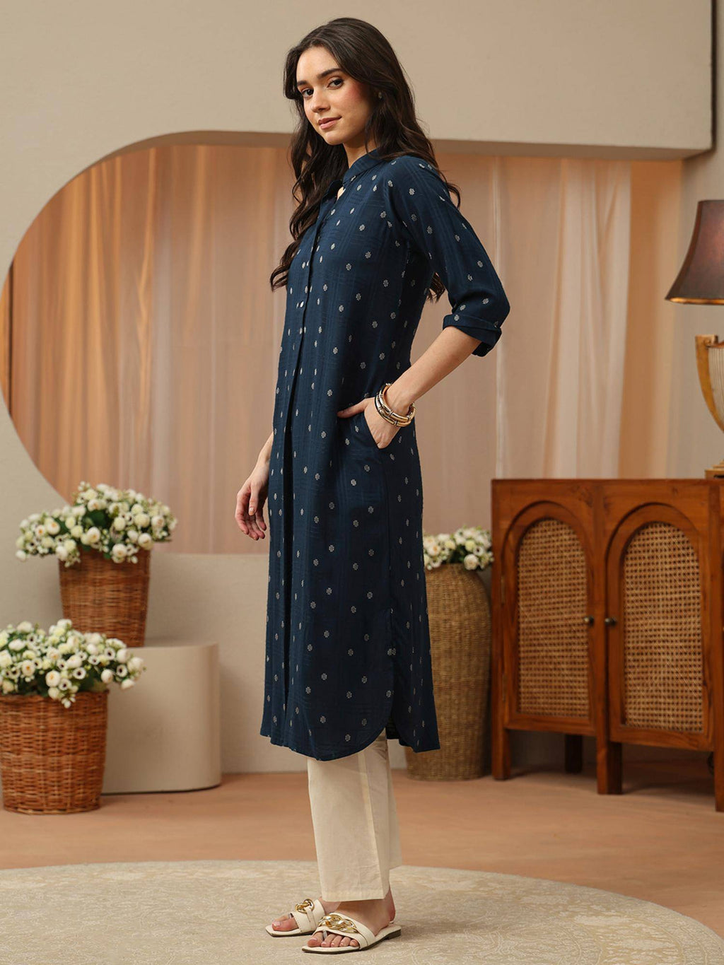 Blue Woven Design Straight Kurta | KDG - view 3