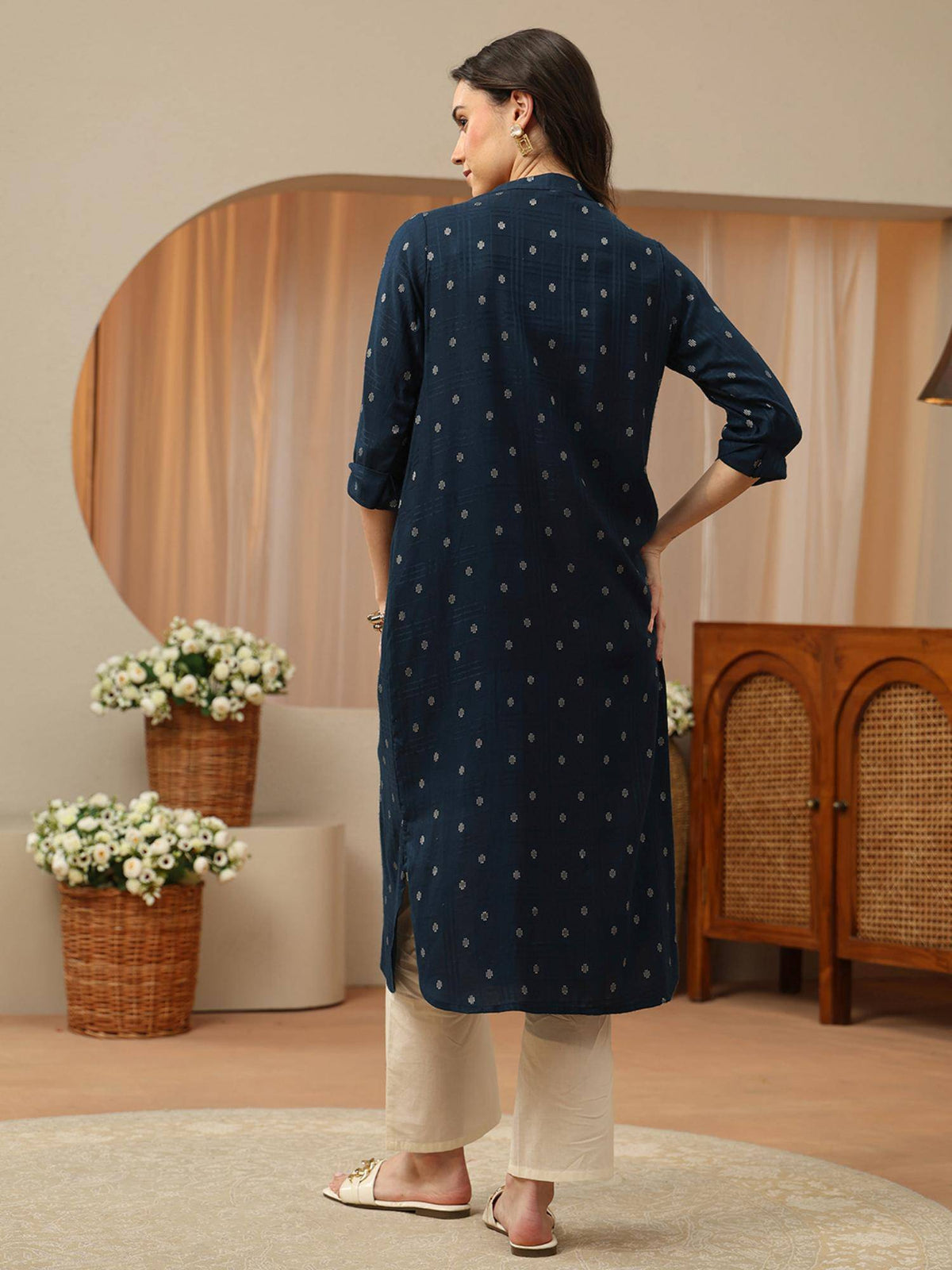 Blue Woven Design Straight Kurta | KDG - view 4