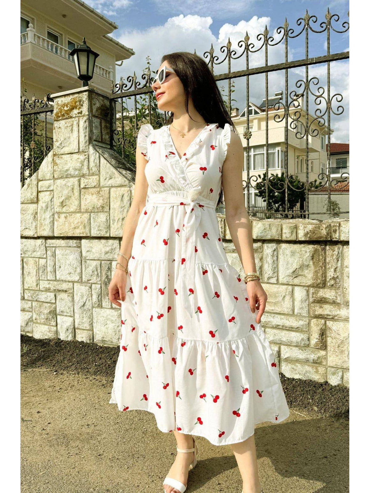 V-Neck Midi Dress with Belt White Floral | D56 - view 1