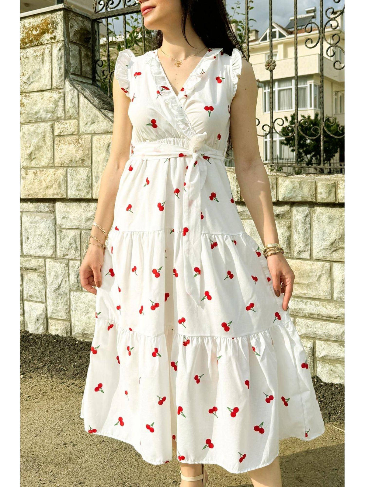 V-Neck Midi Dress with Belt White Floral | D56 - view 2