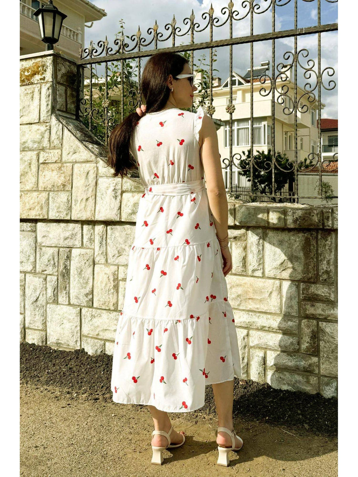 V-Neck Midi Dress with Belt White Floral | D56 - view 3