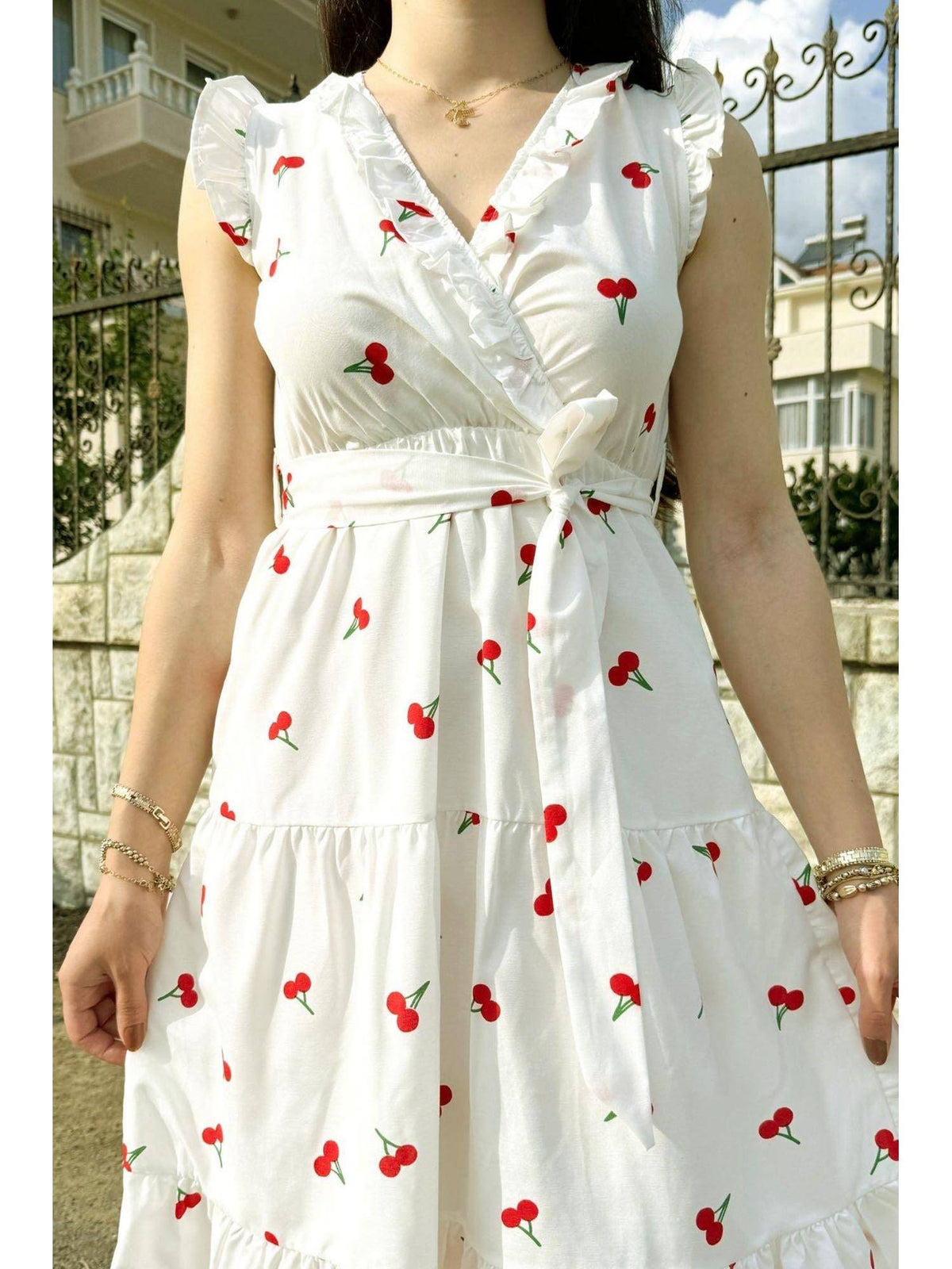 V-Neck Midi Dress with Belt White Floral | D56 - view 4