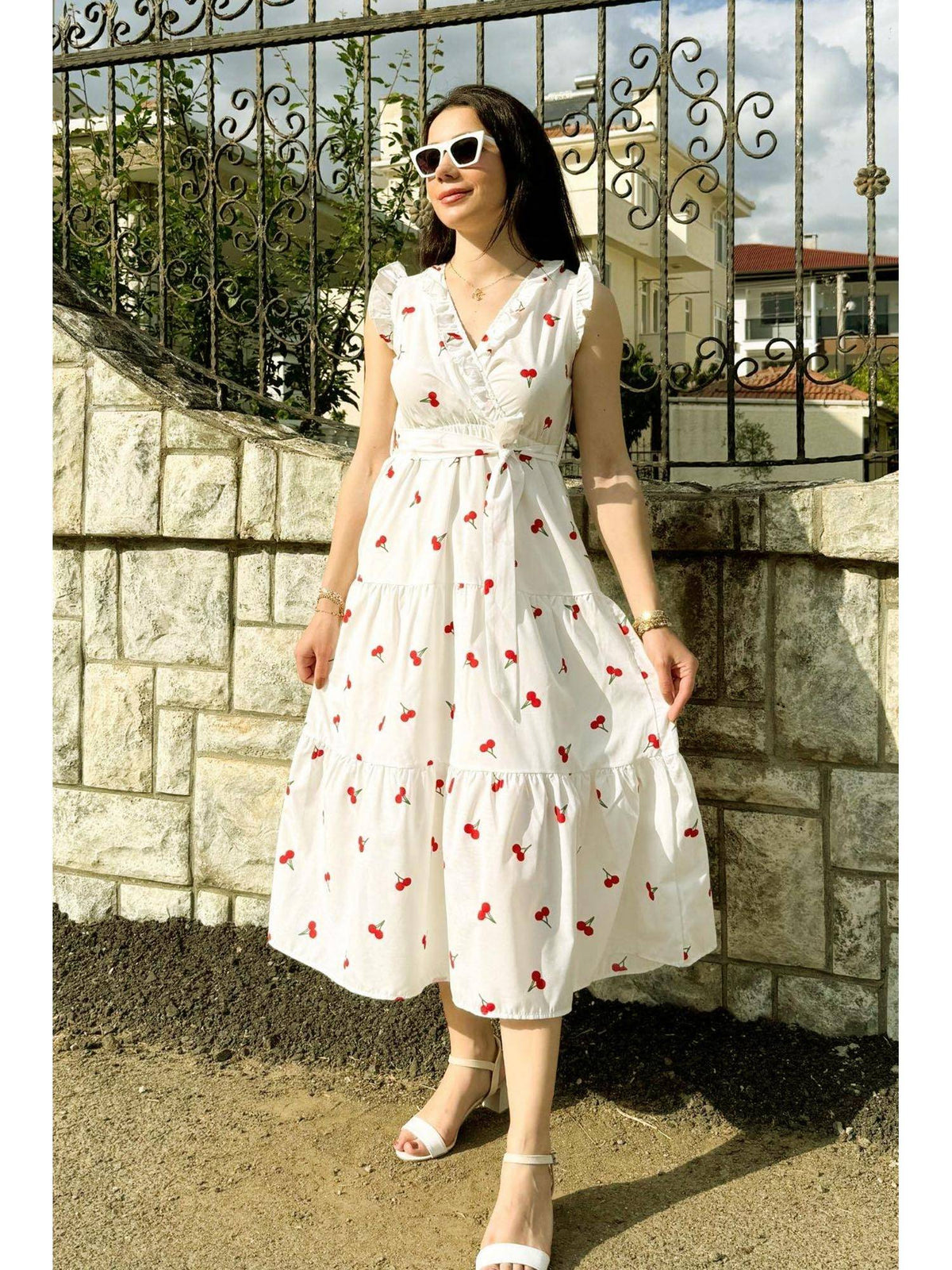 V-Neck Midi Dress with Belt White Floral | D56 - view 5