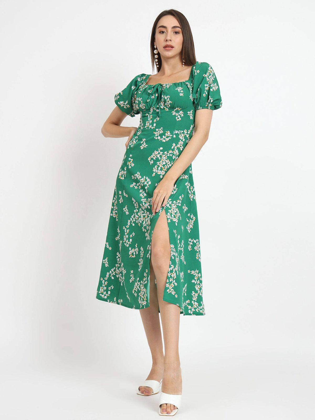 Animal Print Tie-Up Neck Puff Sleeve Crepe A-Line Midi Dress | D56 - view 18