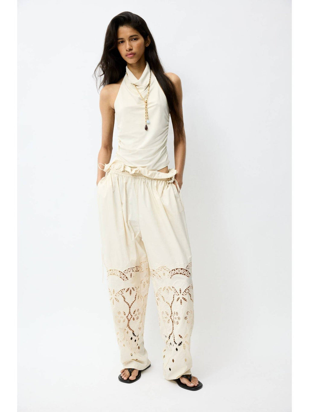 Women Beige Gathered halterneck top | HT67 - view 2