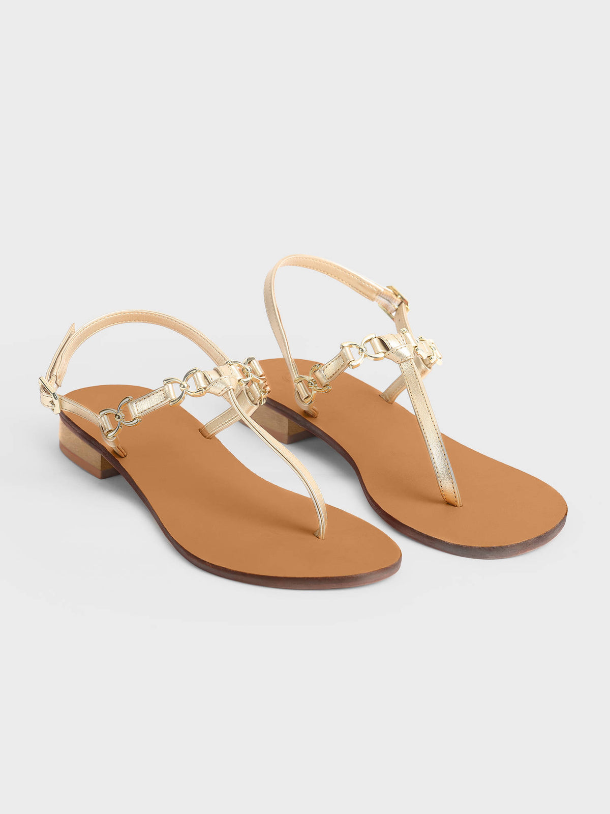 Womens Gold Round Toe Metal T-Strap Slingback Flats | F61 - view 2
