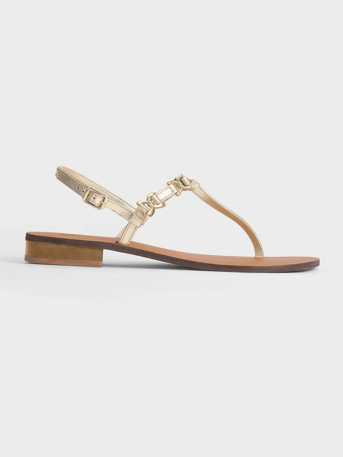 Womens Gold Round Toe Metal T-Strap Slingback Flats | F61 - view 3