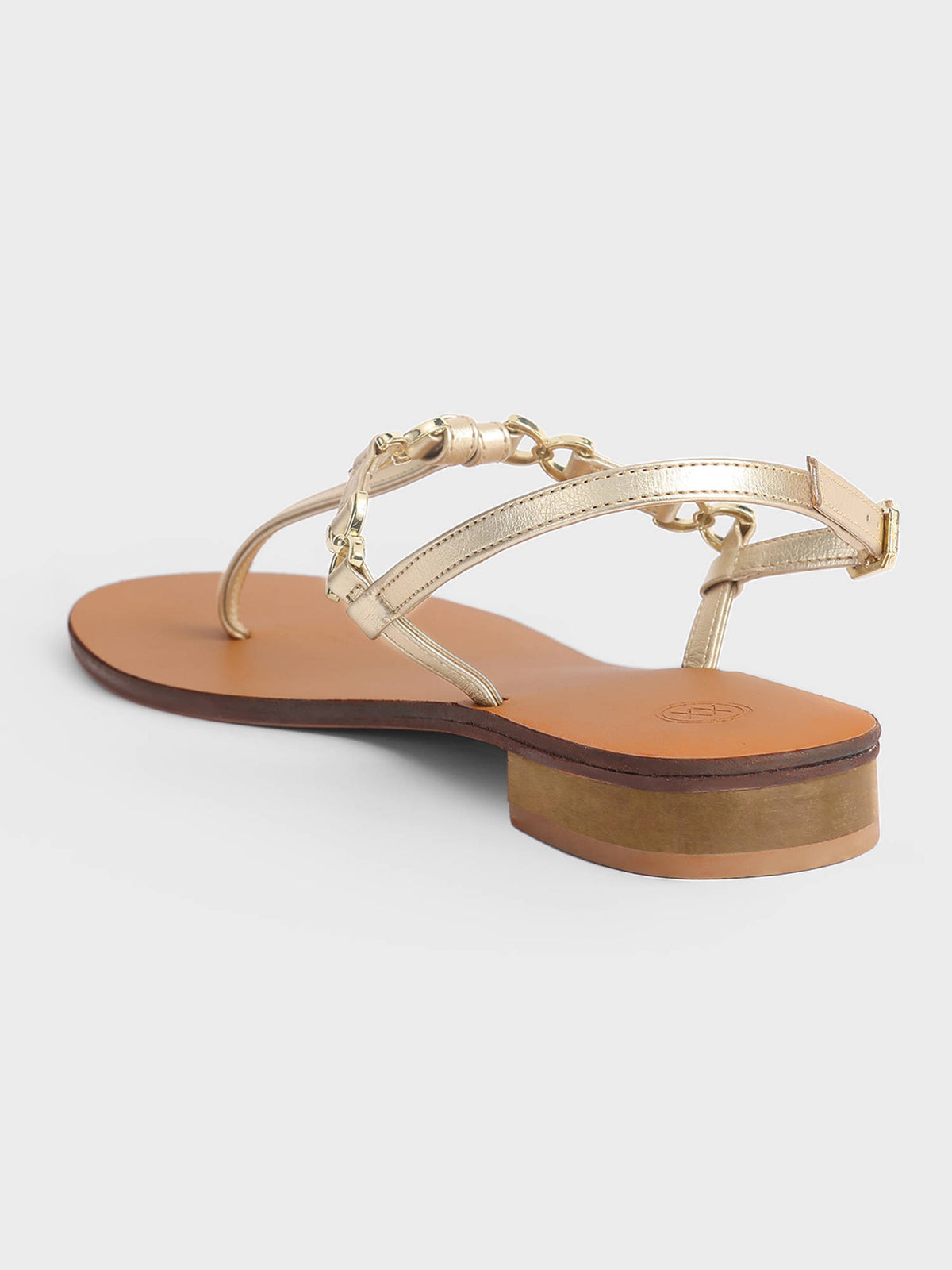 Womens Gold Round Toe Metal T-Strap Slingback Flats | F61 - view 4