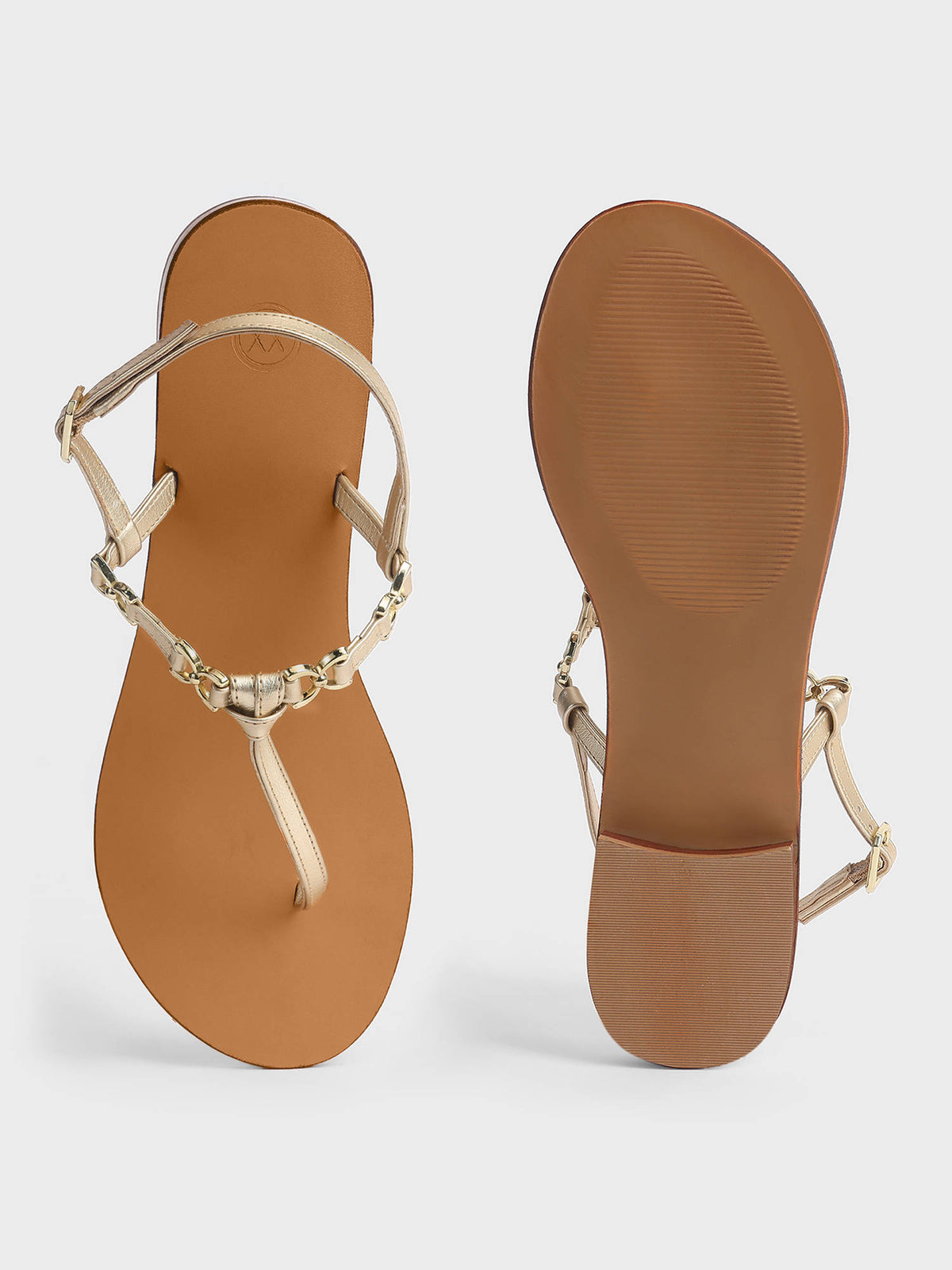 Womens Gold Round Toe Metal T-Strap Slingback Flats | F61 - view 5