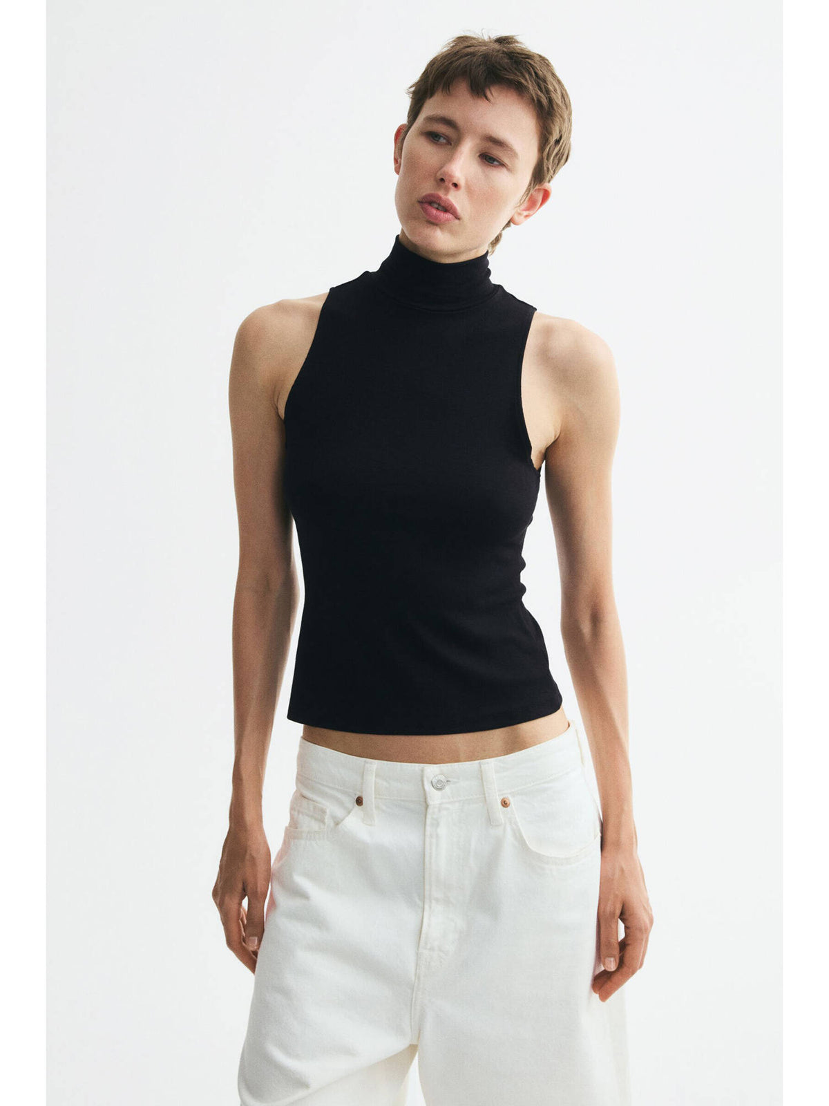 Women Black Turtleneck vest top | CT61 - view 1