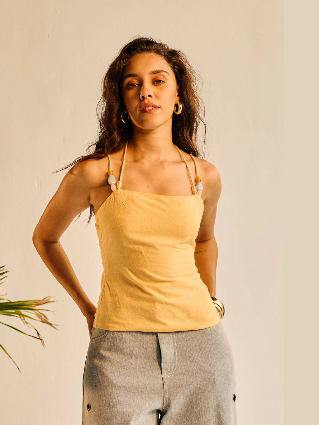 Women Yellow Linen Beaded Top | HT67 - view 1