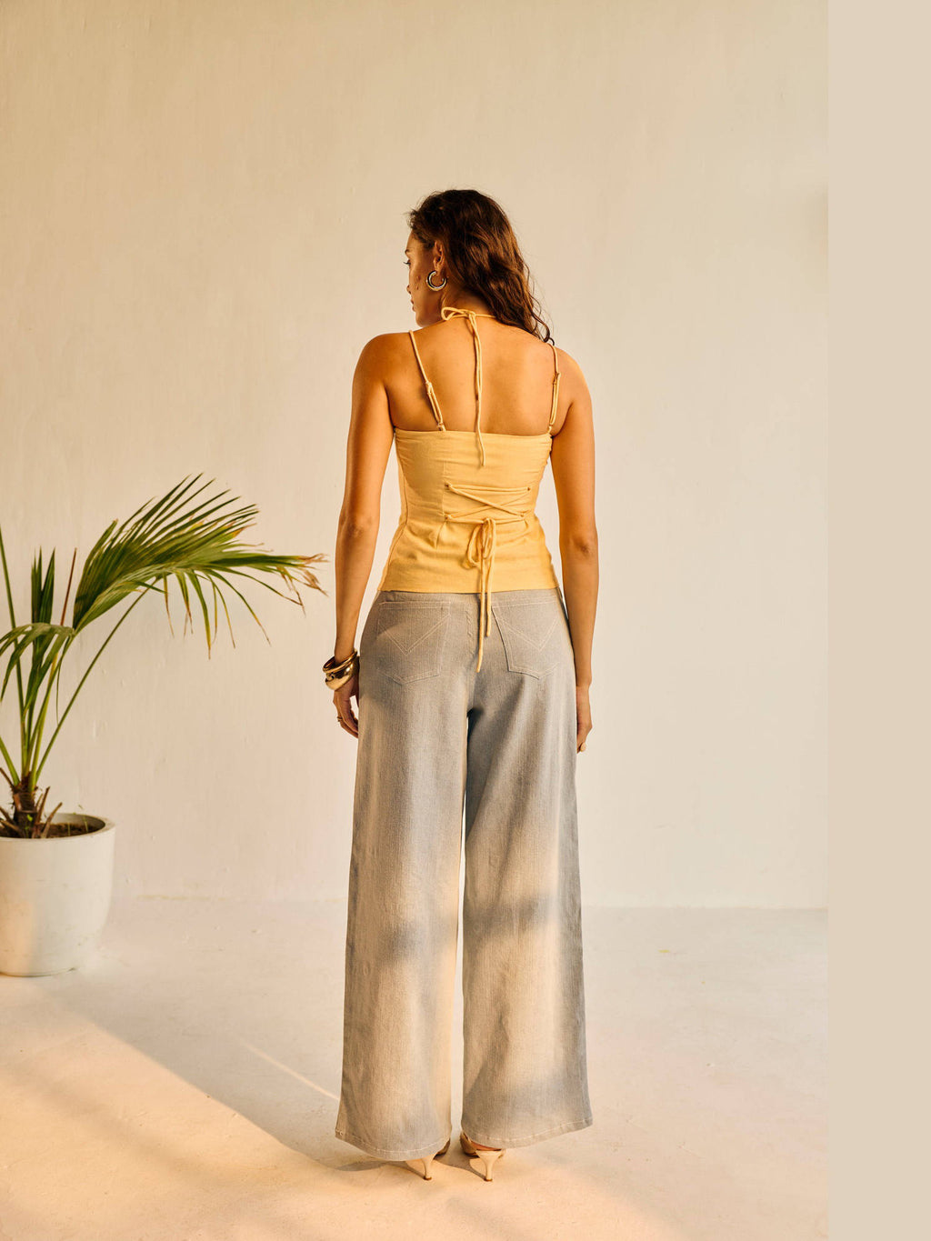 Women Yellow Linen Beaded Top | HT67 - view 2