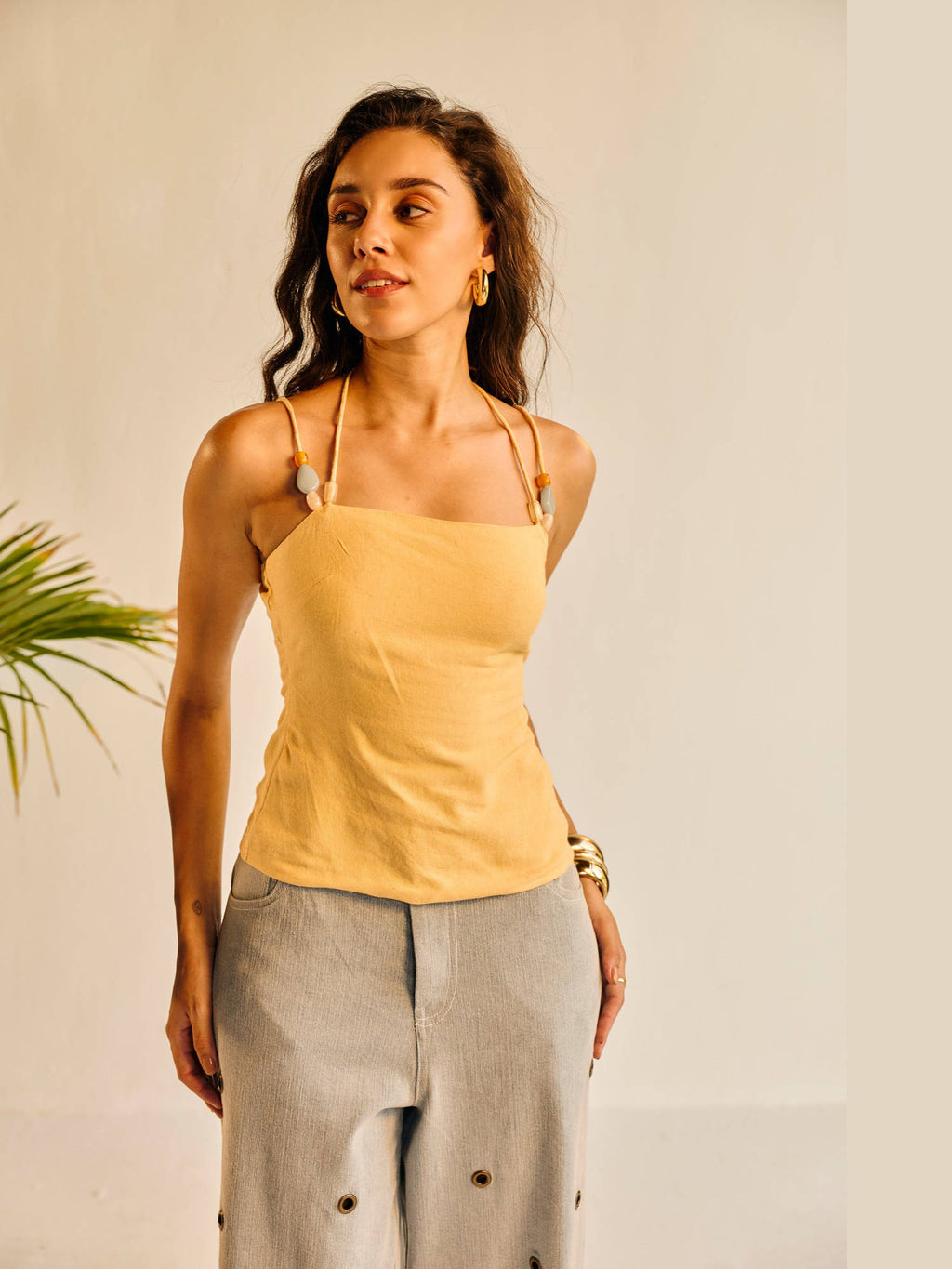 Women Yellow Linen Beaded Top | HT67 - view 3