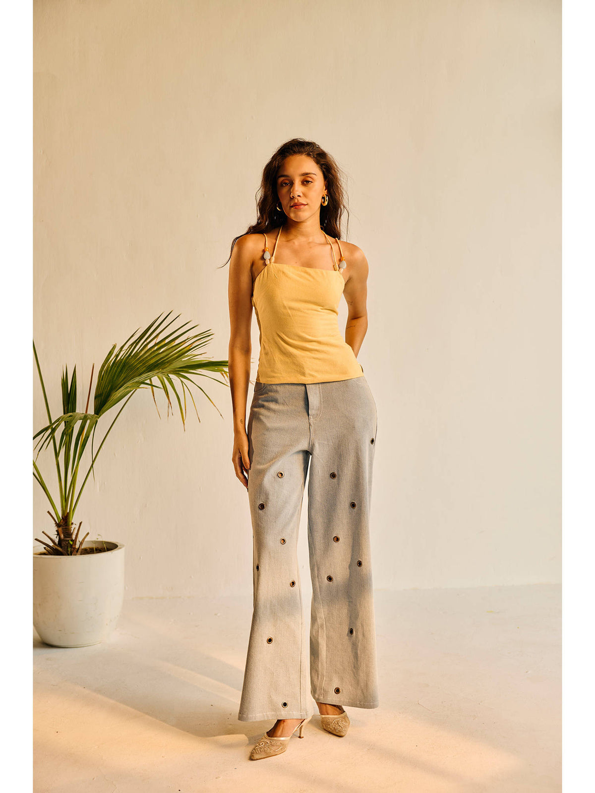 Women Yellow Linen Beaded Top | HT67 - view 4