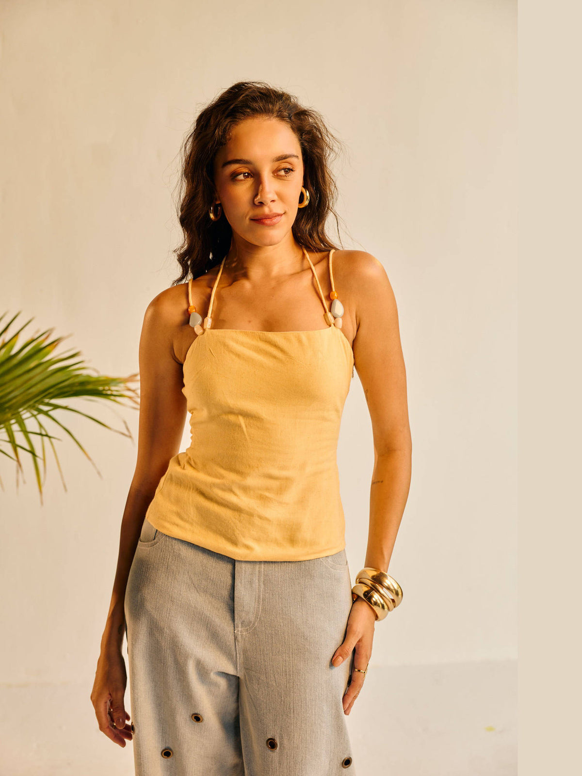 Women Yellow Linen Beaded Top | HT67 - view 5