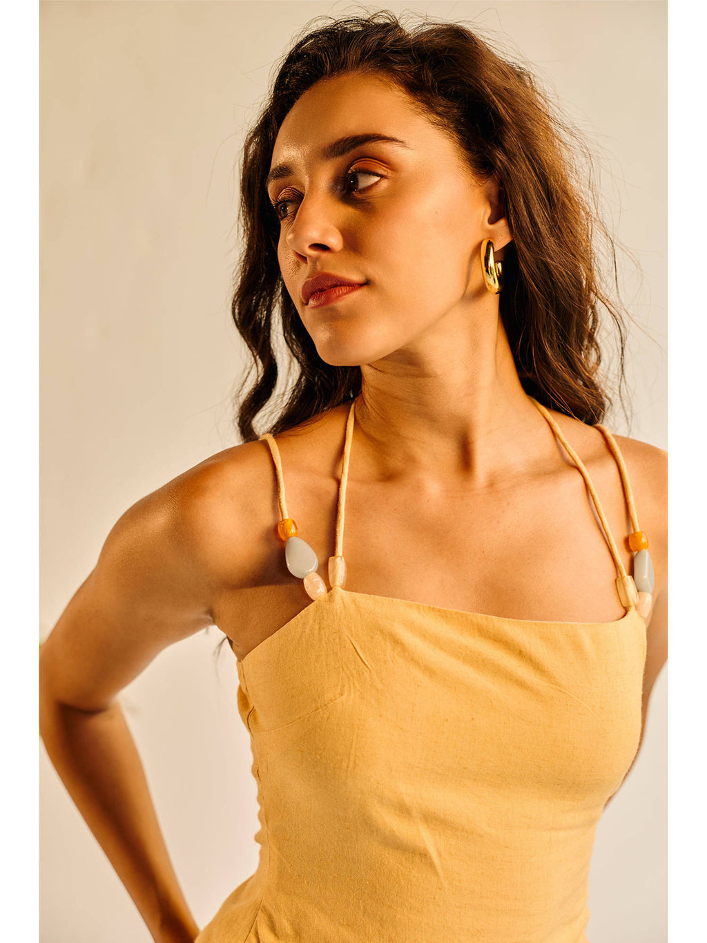 Women Yellow Linen Beaded Top | HT67 - view 6