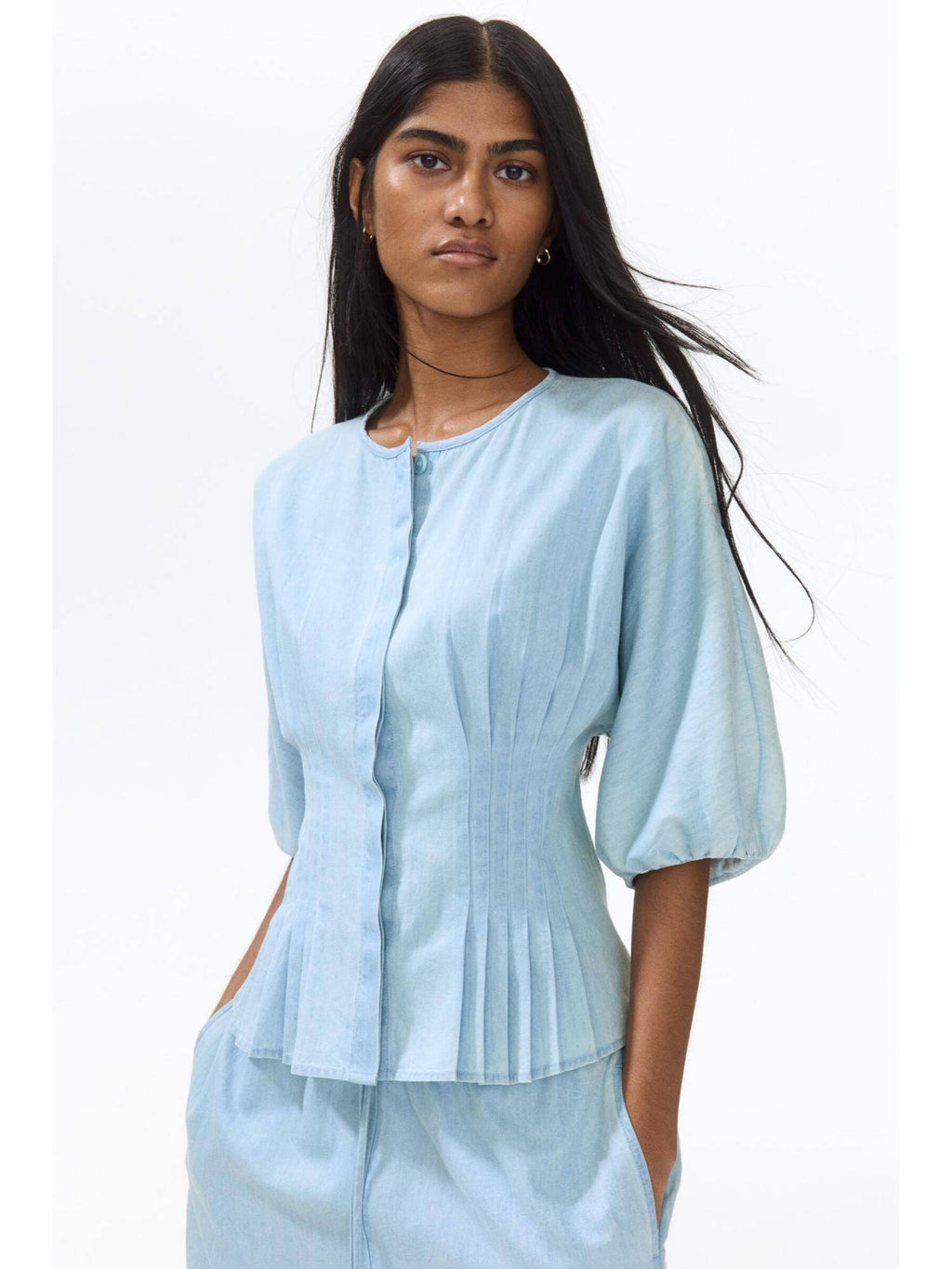 Women Blue Waisted Denim Blouse | S67 - view 1