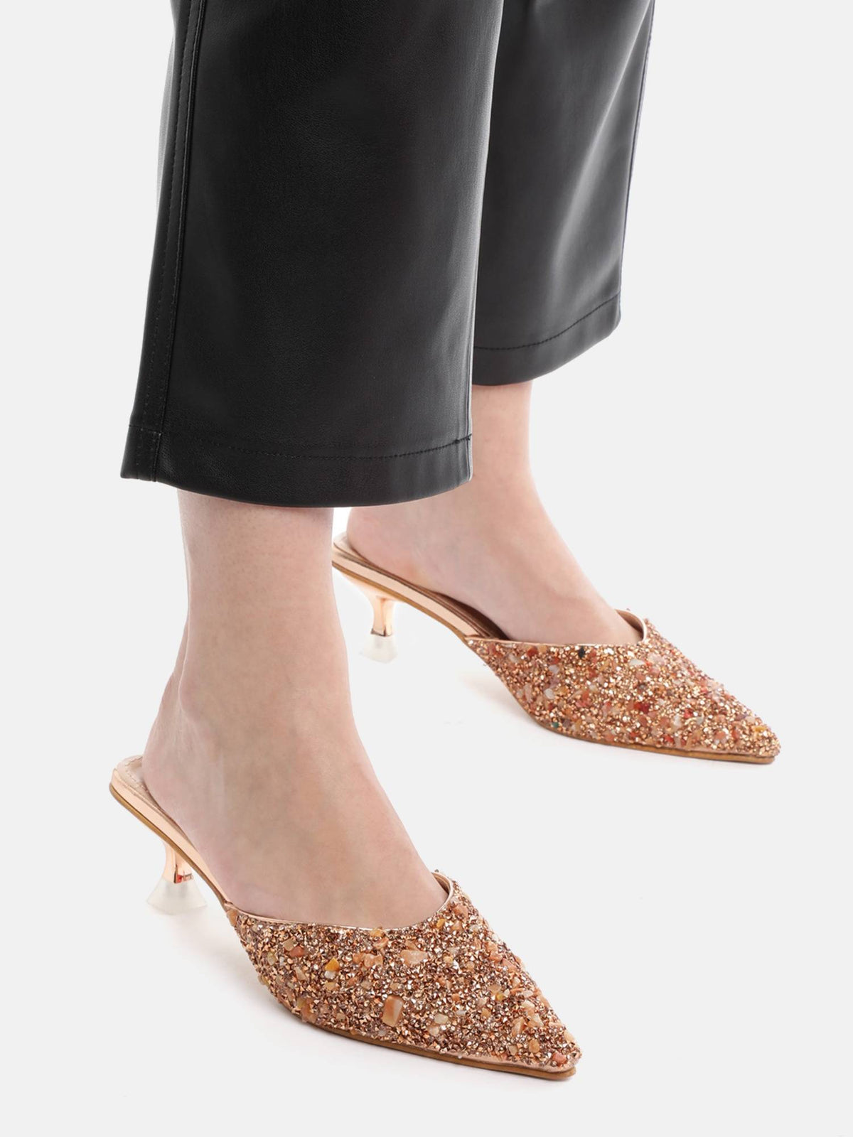 Women's Rose Gold Stone Embellished Heel Mules | H78 - view 1