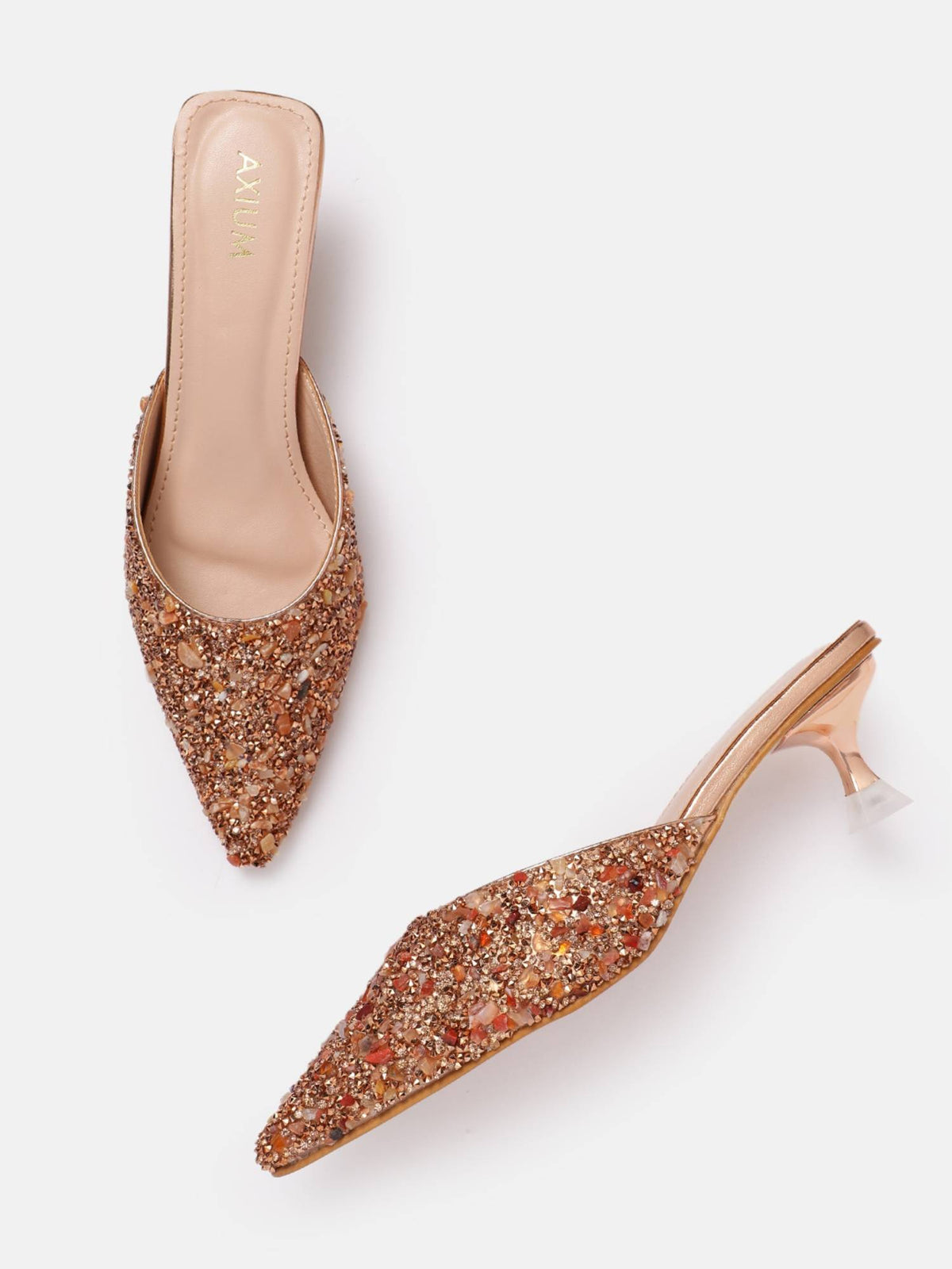 Women's Rose Gold Stone Embellished Heel Mules | H78 - view 2