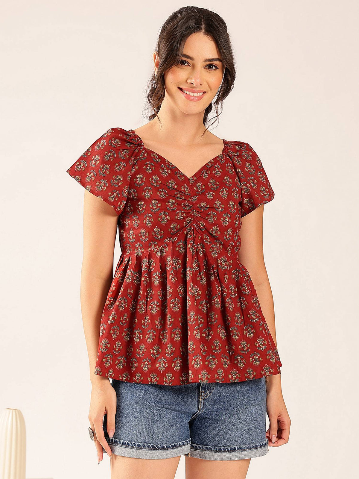 Women Maroon Floral Flared Cotton Stitched Peplum Top | pt51 - view 1