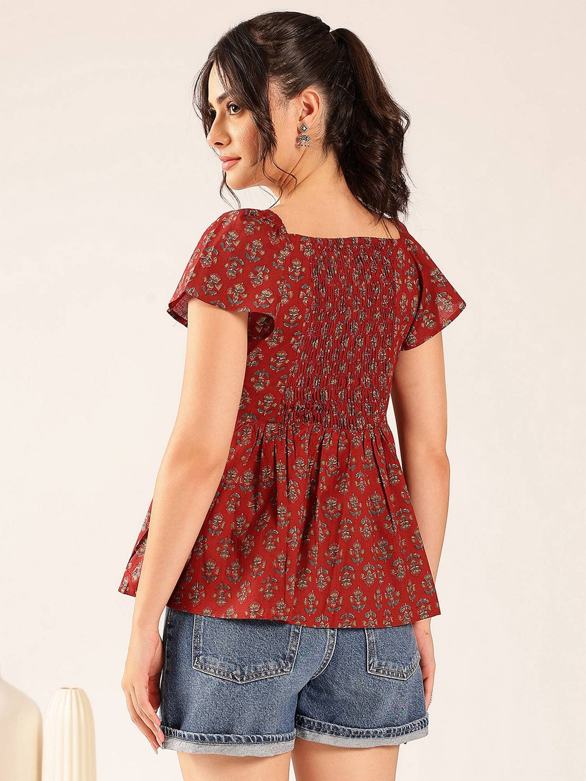 Women Maroon Floral Flared Cotton Stitched Peplum Top | pt51 - view 2