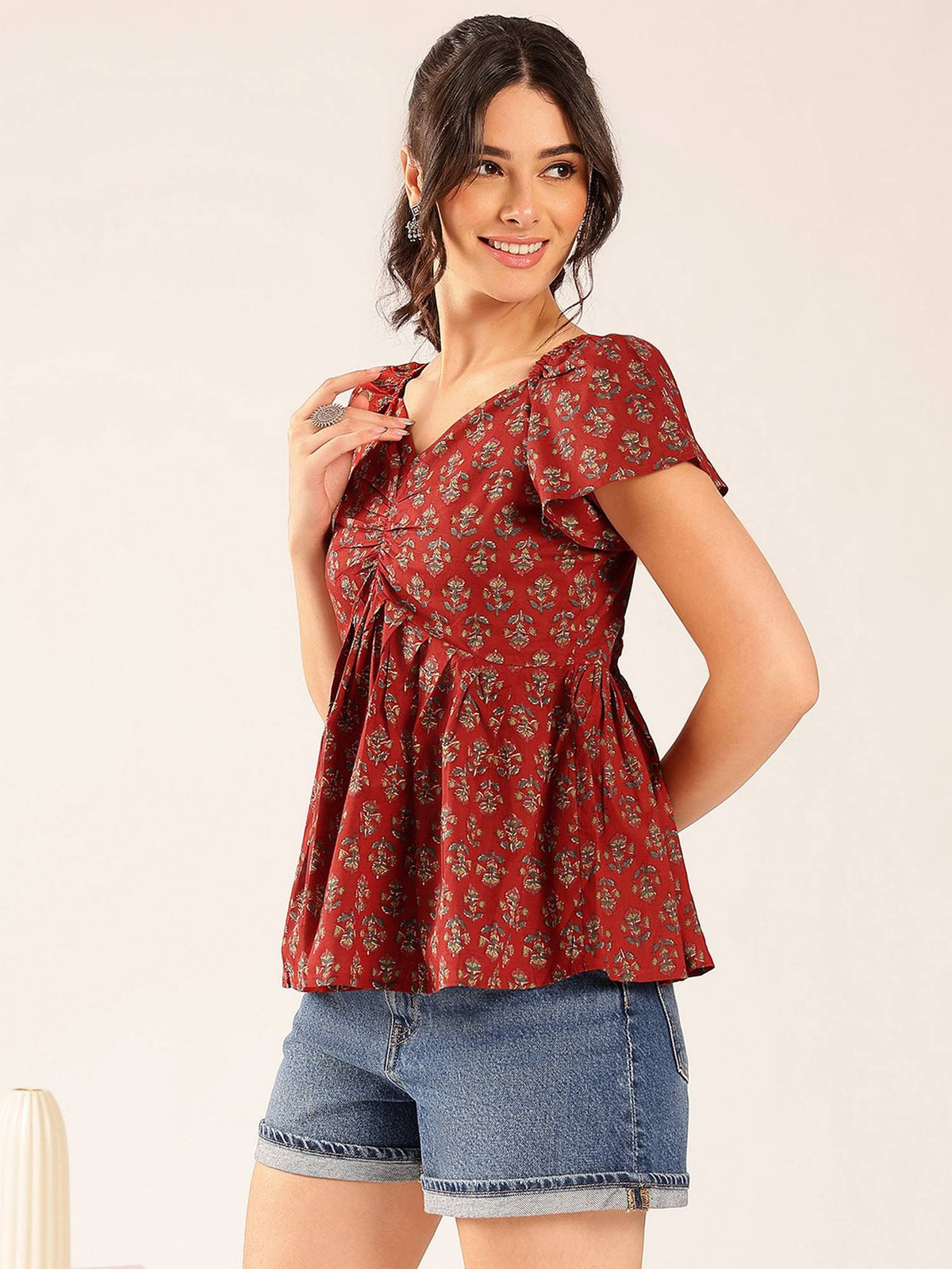 Women Maroon Floral Flared Cotton Stitched Peplum Top | pt51 - view 3
