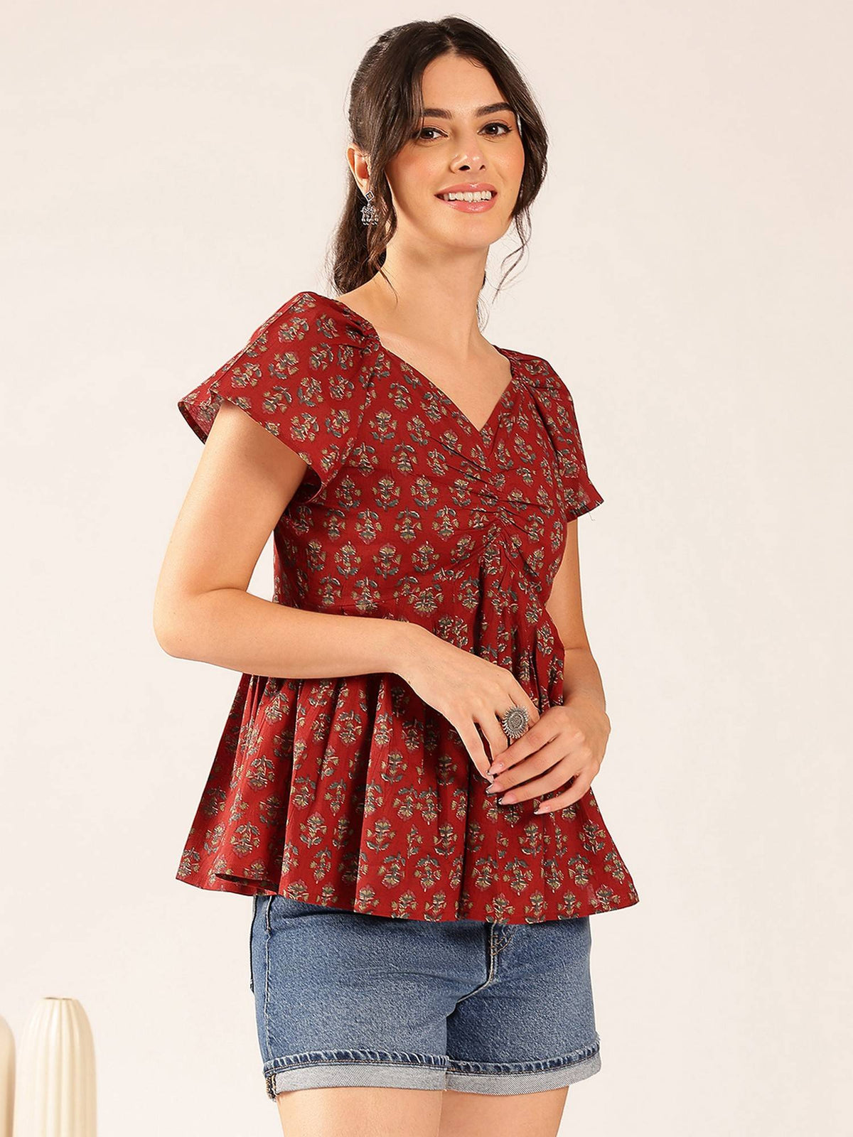 Women Maroon Floral Flared Cotton Stitched Peplum Top | pt51 - view 4