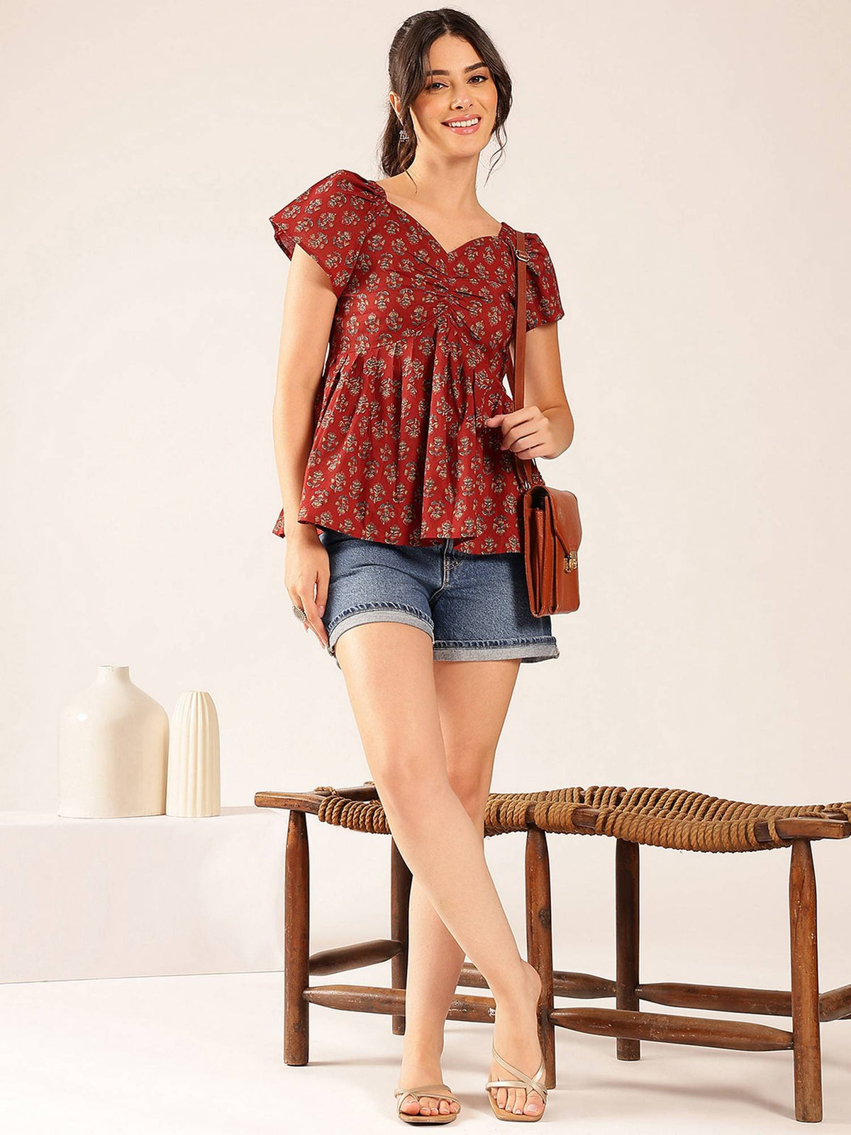 Women Maroon Floral Flared Cotton Stitched Peplum Top | pt51 - view 5