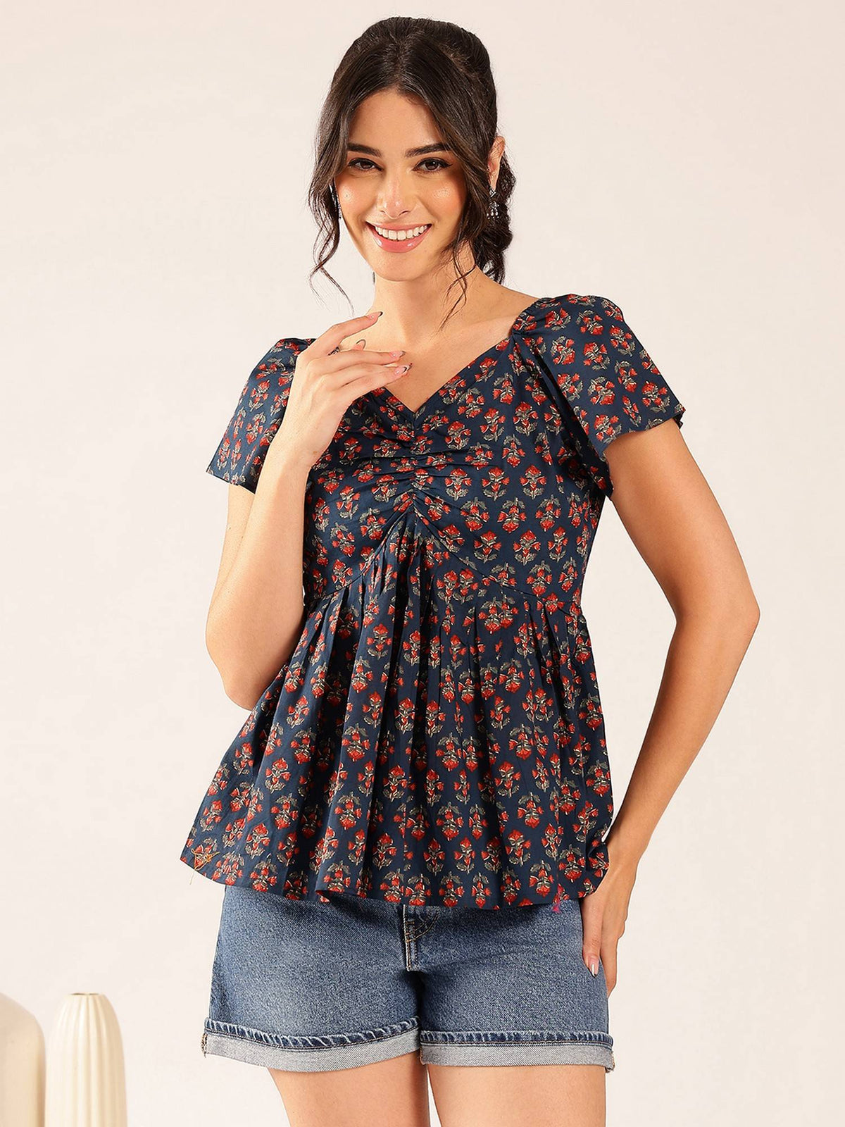 Women Maroon Floral Flared Cotton Stitched Peplum Top | pt51 - view 8